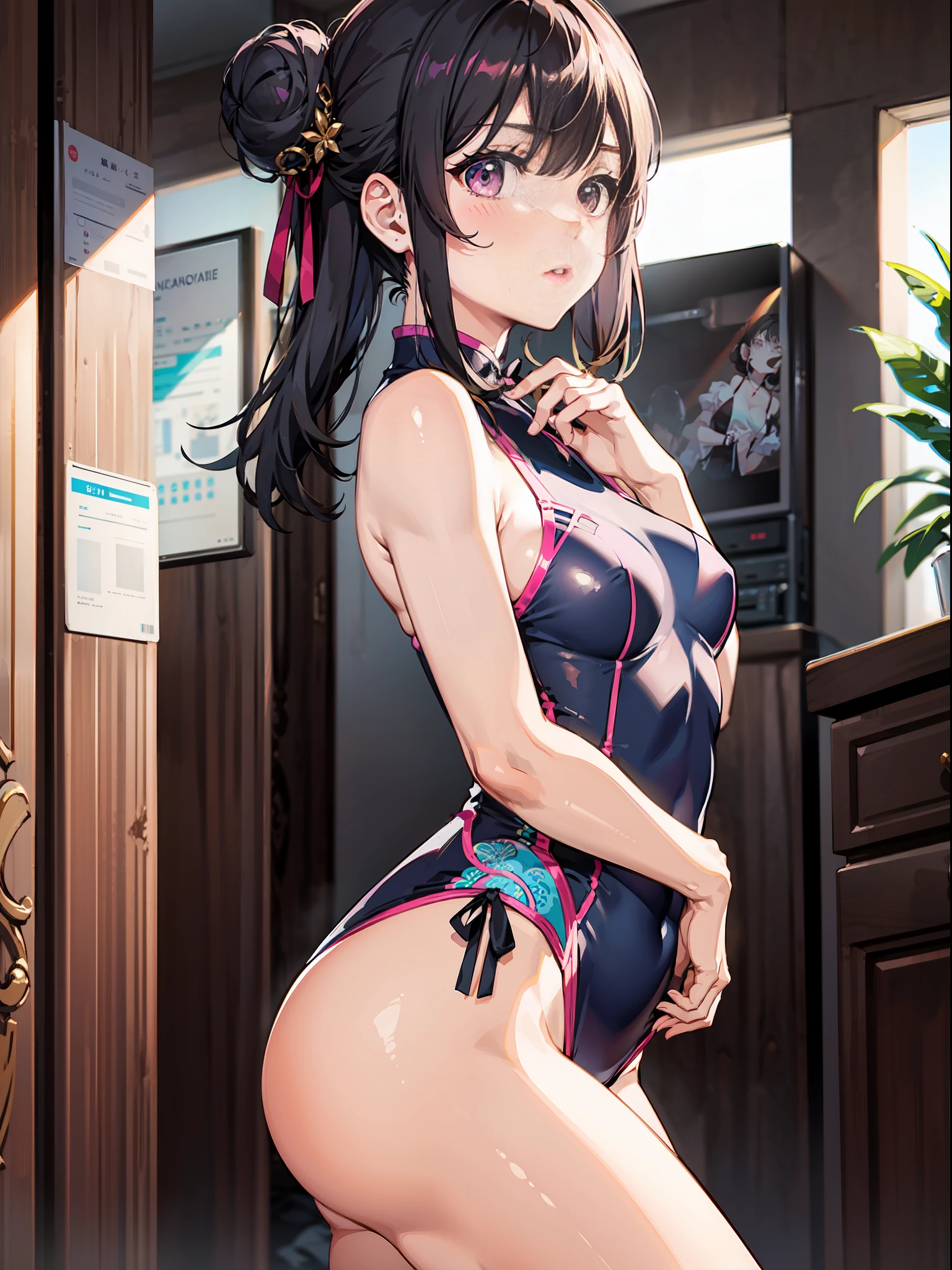 slender beautiful girl、One Person、small breasts、Pink cheongsam swimsuit、HI-RES、Max Quality、Fine details、Does not blush cheeks、kneehighs、Bun hair