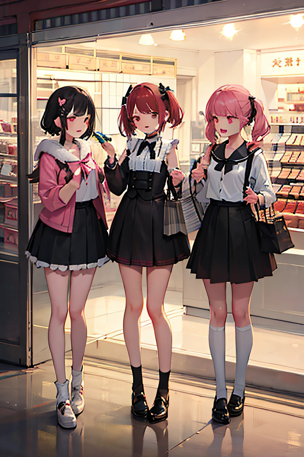 Masterpiece, best quality, full body, small breasts, 5 young girls, pink and black jirai fashion, looking at the audience, night, street, shop, shop, neon sign,
