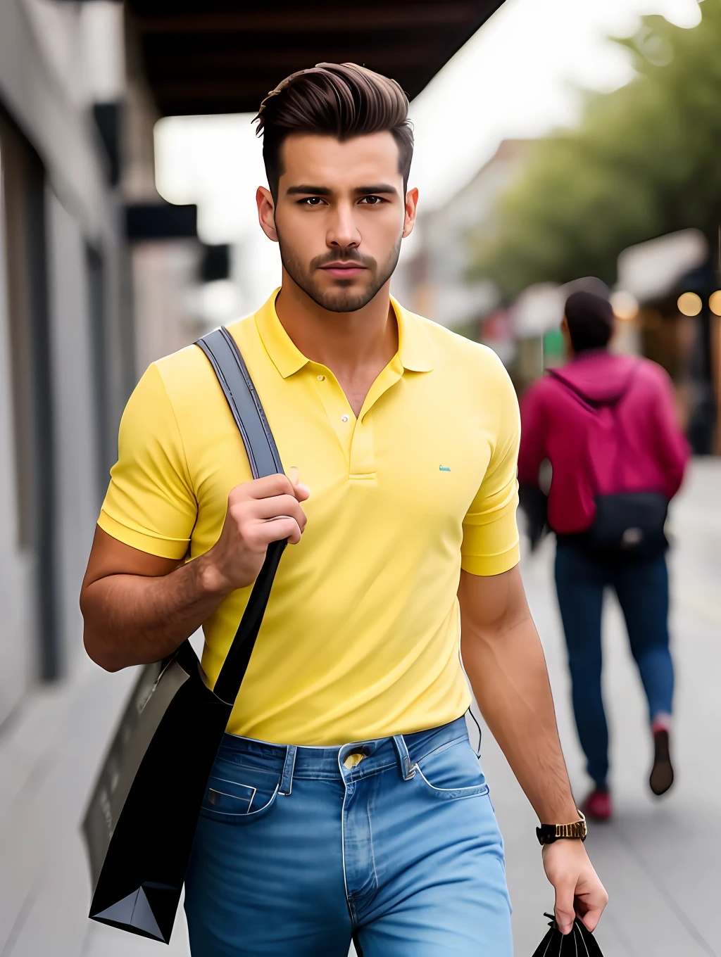 photo of an insanely handsome Brazilian man, green eyes, short messy windy blonde hair, closeup zoomed in tight crop portrait, running down a (street on a big city scene people shops cars:1.2) wearing a (casual jeans:1.3) (shopping bags on his hand:1.3) (Lighting-Gold:1.2) action shot foreground objects background details (masterpiece:1.2) (photorealistic:1.2) (bokeh:1.2) (best quality) (color grading) (detailed skin:1.3) (intricate) (8k) (HDR) (cinematic lighting:1.3) (sharp focus), very masculine, messy windy hair