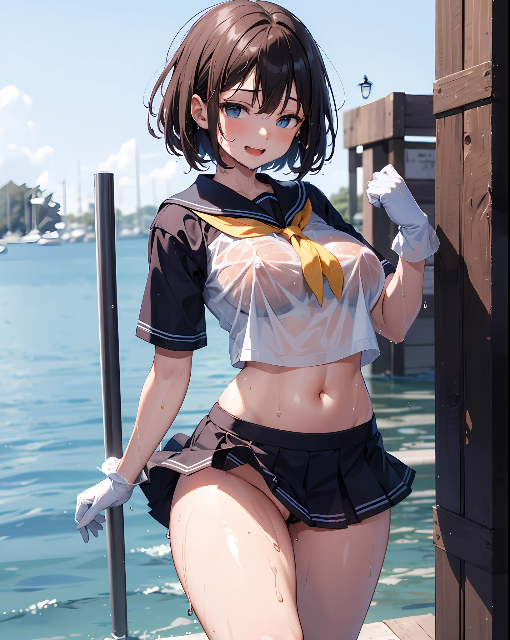 1young__The girls、Loli、brown_hair、medium_bob_hair、blue_midriff_baring_sailor_uniform、mini_skirt、short_sleeve、thickthighs、big_tits,closed_eyes, Sorrisos、open_mouth、dynamic_pose_standing ,dock_background、spread_legs、happiness、NSFW、short_gloves, (wet:1.4),transparent,covered_nipples, covered_crotch, under_tits, sweat, bare_thighs, (groin:1.5),