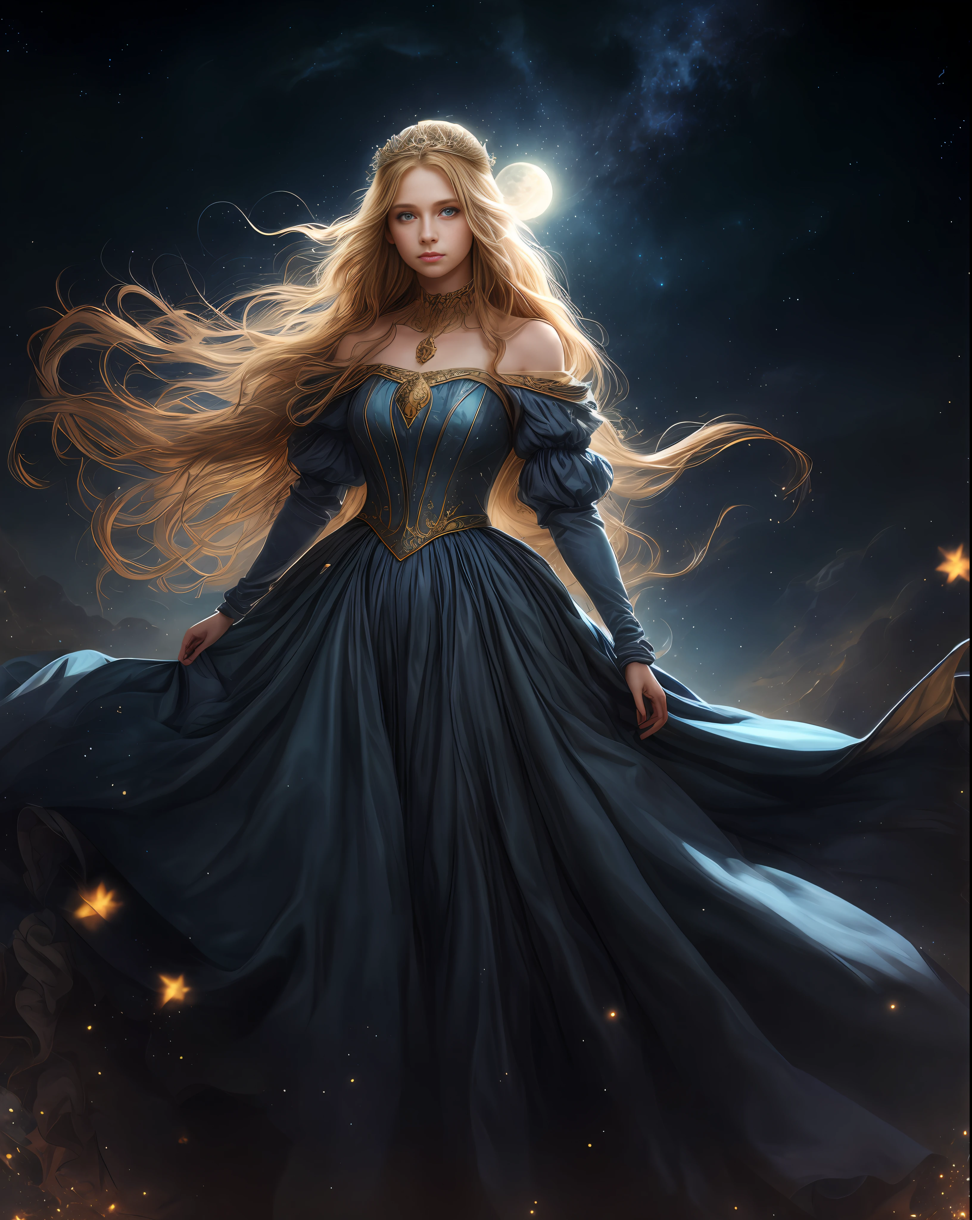 (best quality, masterpiece), young woman, medieval princess blue dress, pose, particle, wind, flower, upper body, full moon night background, looking at viewer, long straight windblown golden hair, detailded blue eyes, galaxy, backlit, rimlight, beautiful artwork, perfect composition