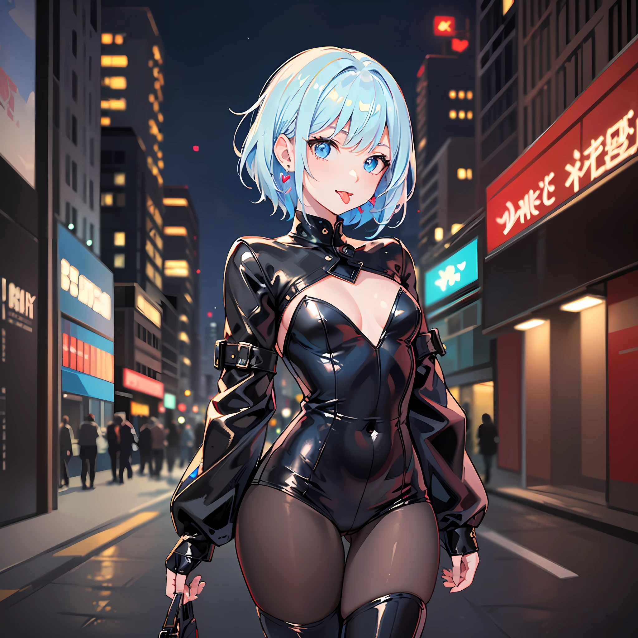 (((Masterpiece)))), ((Best Quality))), Hi-Res, On the Thighs, Standing, (Cute One Girl))), Solo, White Skin, Small, Eight-headed, (Light Blue Hair), ((Short Hair)), (Straight Bangs)), Beautiful Hair, Blue Eyes, Beautiful Eyes in Detail, (((Tongue)), Red Face, Heart, Black Leather Costume, Earrings, City, Night, Shadow Lighting,