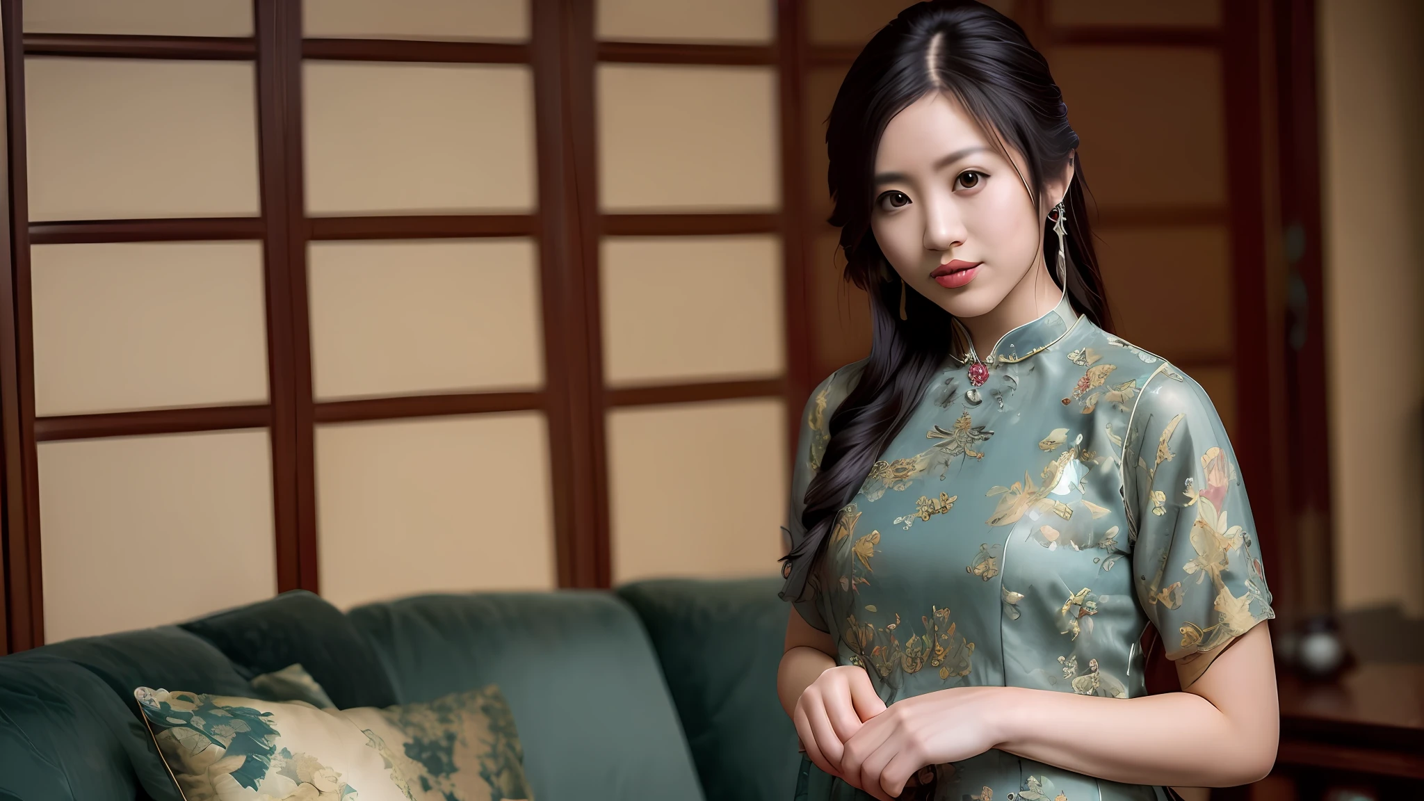 ,1girl, solo, chinese girl, realistic, photography, photorealistic, looking at viewer, blurry background, black hair, necklace, solo focus, long hair, china dress, indoor, living room, cinematic lighting, depth of field ,
