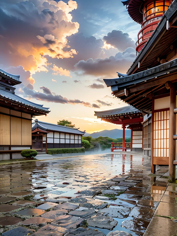 wet cobblestone, kimono, photorealistic, one girl, temple, sunset, clouds, rain, Japan umbrella,