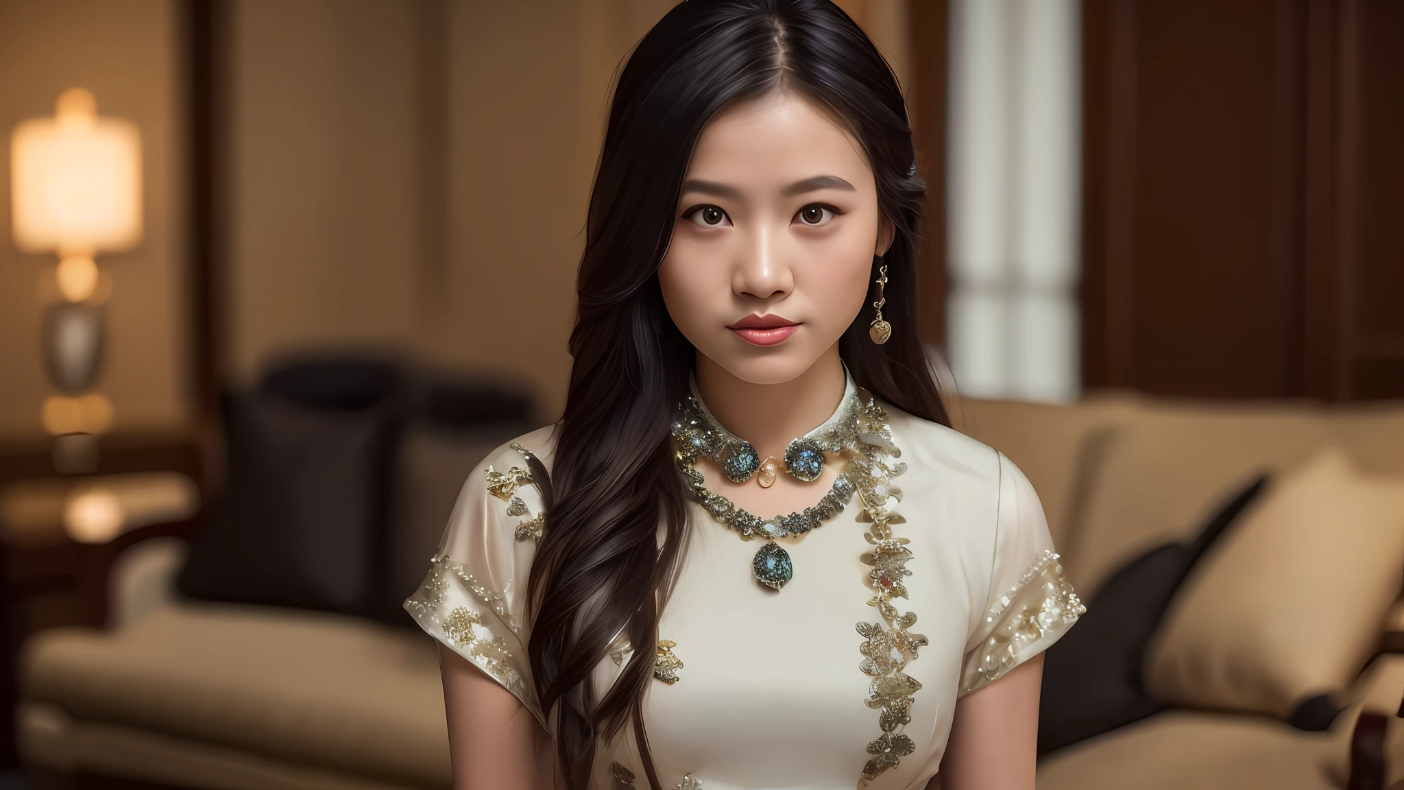 ,1girl, solo, chinese girl, realistic, photography, photorealistic, looking at viewer, blurry background, black hair, necklace, solo focus, long hair, china dress, indoor, living room, cinematic lighting, depth of field ，