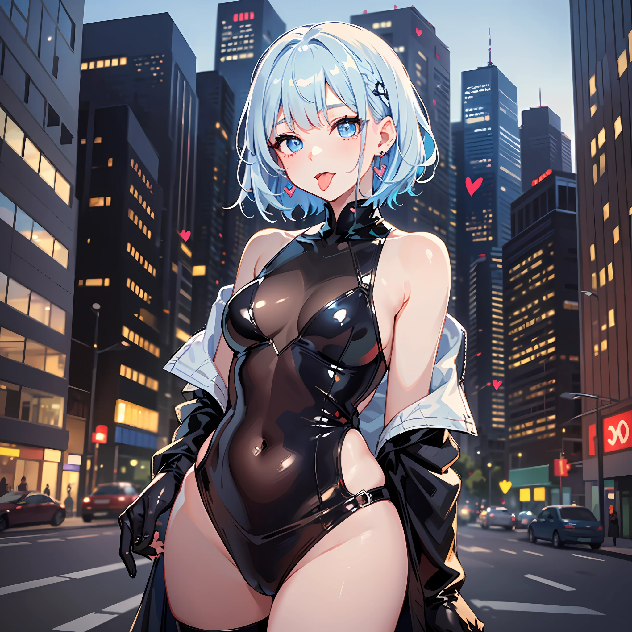 (((Masterpiece)))), ((Best Quality))), Hi-Res, On the Thighs, Standing, (Cute One Girl))), Solo, White Skin, Small, Eight-headed, (Light Blue Hair), ((Short Hair)), (Straight Bangs)), Beautiful Hair, Blue Eyes, Beautiful Eyes in Detail, (((Tongue)), Red Face, Heart, Black Leather Costume, Earrings, City, Night, Shadow Lighting,