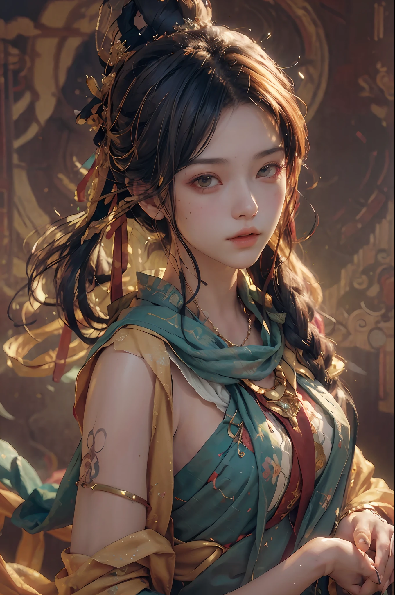 (RAW photo, best quality), (realistic, photo-realistic:1.3),best quality,highly detailed,masterpiece,ultra-detailed,illustration,1girl,upper_body,dynamic angle,world masterpiece theater,messy_long_hair,best quality,extremely detailed CG unity 8k wallpaper,ink,Amazing,cinematic lighting,lens_flare, dunhuang_style