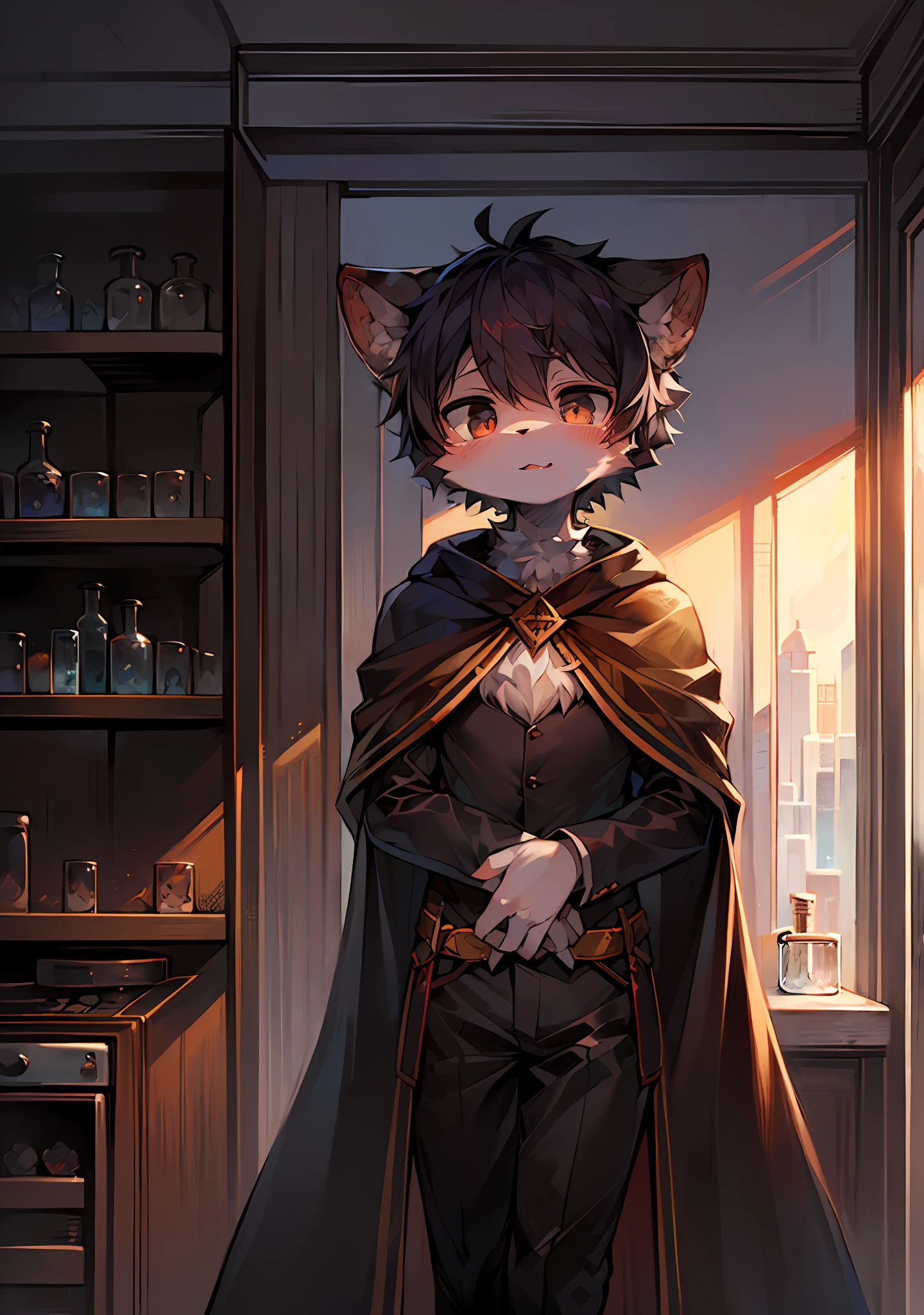 (Bright Environment: 0.8), Masterpiece, High Quality, Abstract Res, Digital Painting\(Artwork\), by Dagasi, Yupa, Kiyosan, (Anthro, Fluffy Fur, Character Focus: 1.1), Anthro Male Cat, Short Hair, Portrait , bright eyes, panorama, character focus. (Detailed background: 0.7), Solo, Furry, Furry male, Male focus, Anthr, (full body fur, fluffy tail, black fur, black eyes, black hair: 1.2), (long feline, holding a man, cape: 1.2), (interior, daytime, laboratory, freezer: 1.1)