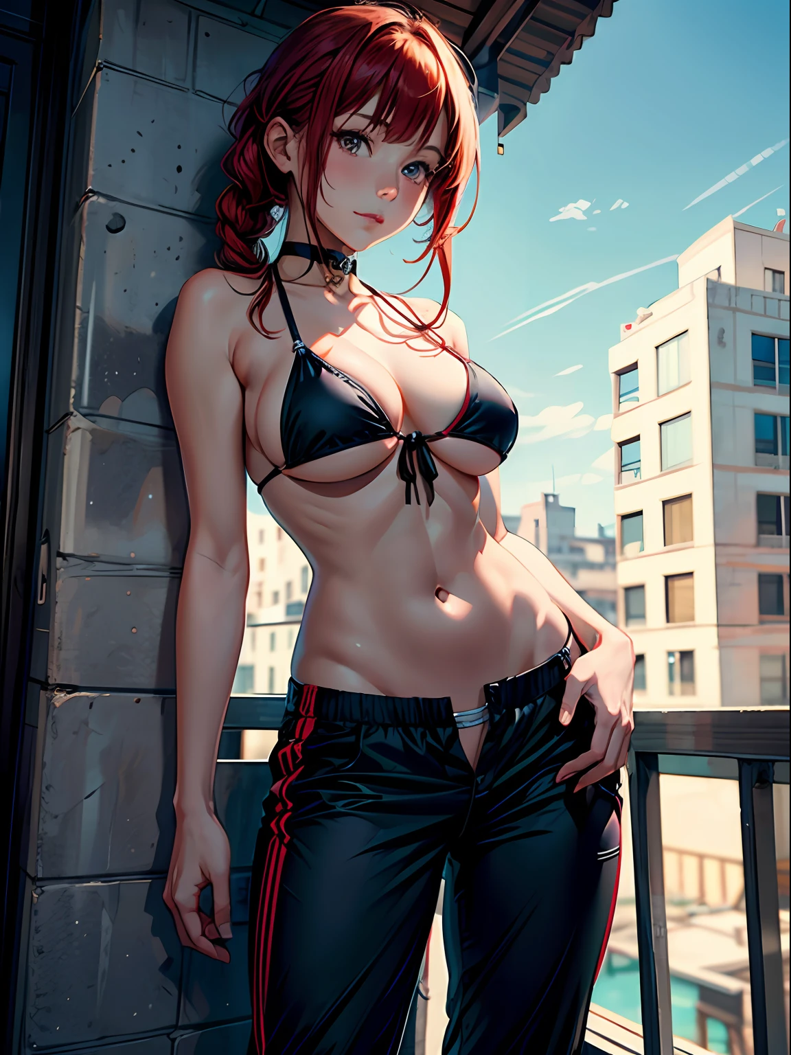 (masterpiece, best quality), 1girl, (smirk:0.75), upper body, looking at viewer, side tied bikini top, ((pubis, groin, crotch)), braid, (((pants pull))), choker, redhead, wide hips,