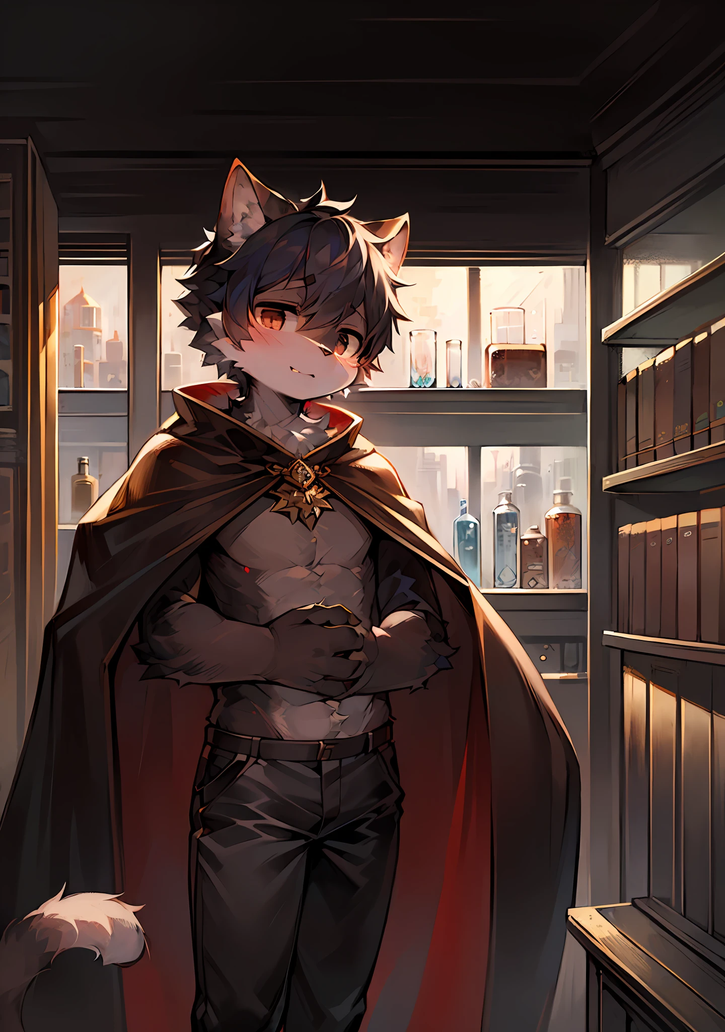 (Bright Environment: 0.8), Masterpiece, High Quality, Abstract Res, Digital Painting\(Artwork\), by Dagasi, Yupa, Kiyosan, (Anthro, Fluffy Fur, Character Focus: 1.1), Anthro Male Cat, Short Hair, Portrait , bright eyes, panorama, character focus. (Detailed background: 0.7), Solo, Furry, Furry male, Male focus, Anthr, (full body fur, fluffy tail, black fur, black eyes, black hair: 1.2), (long feline, holding a man, cape: 1.2), (interior, daytime, laboratory, freezer: 1.1)