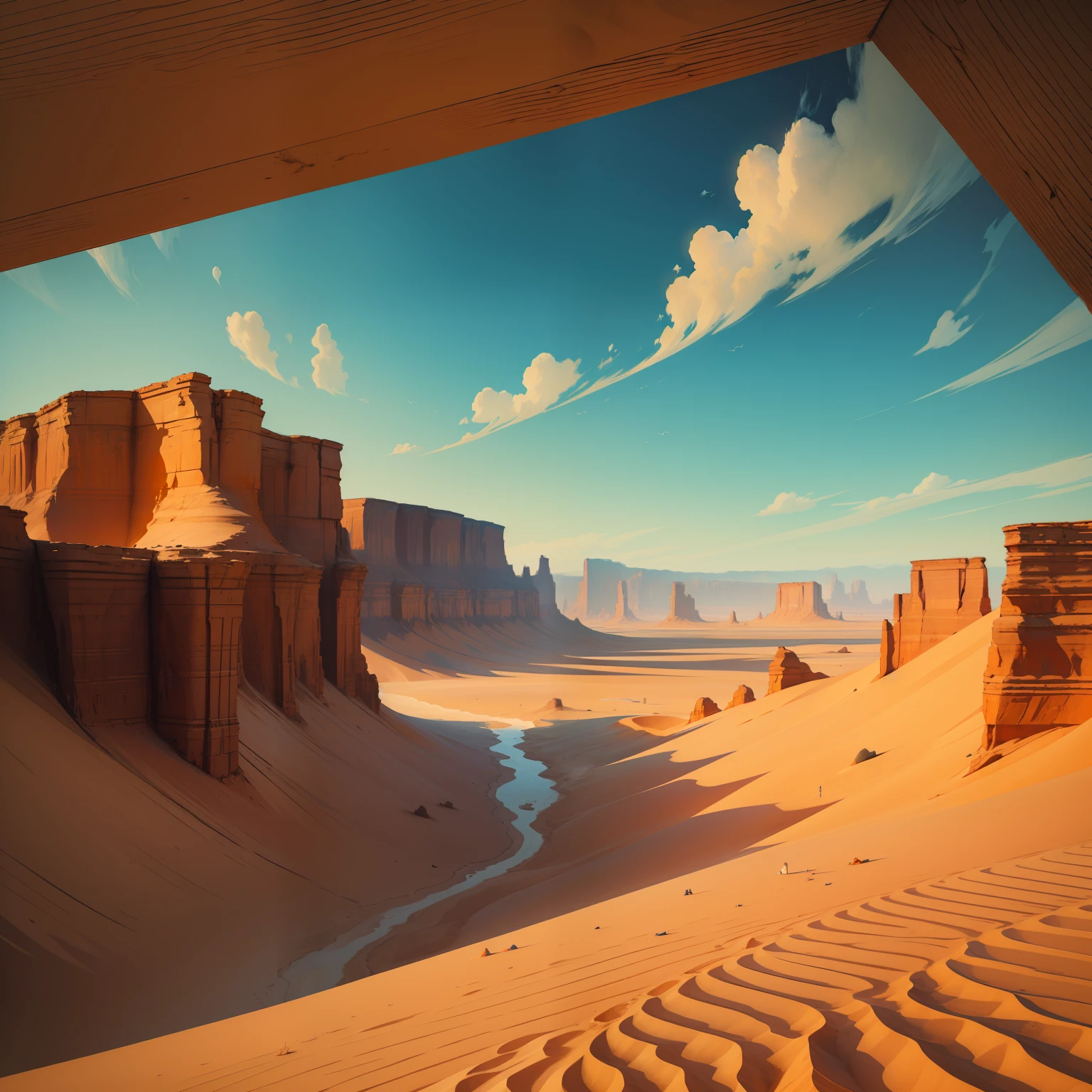 The boundless desert in the landscape painting brought me a vast and vast vision.