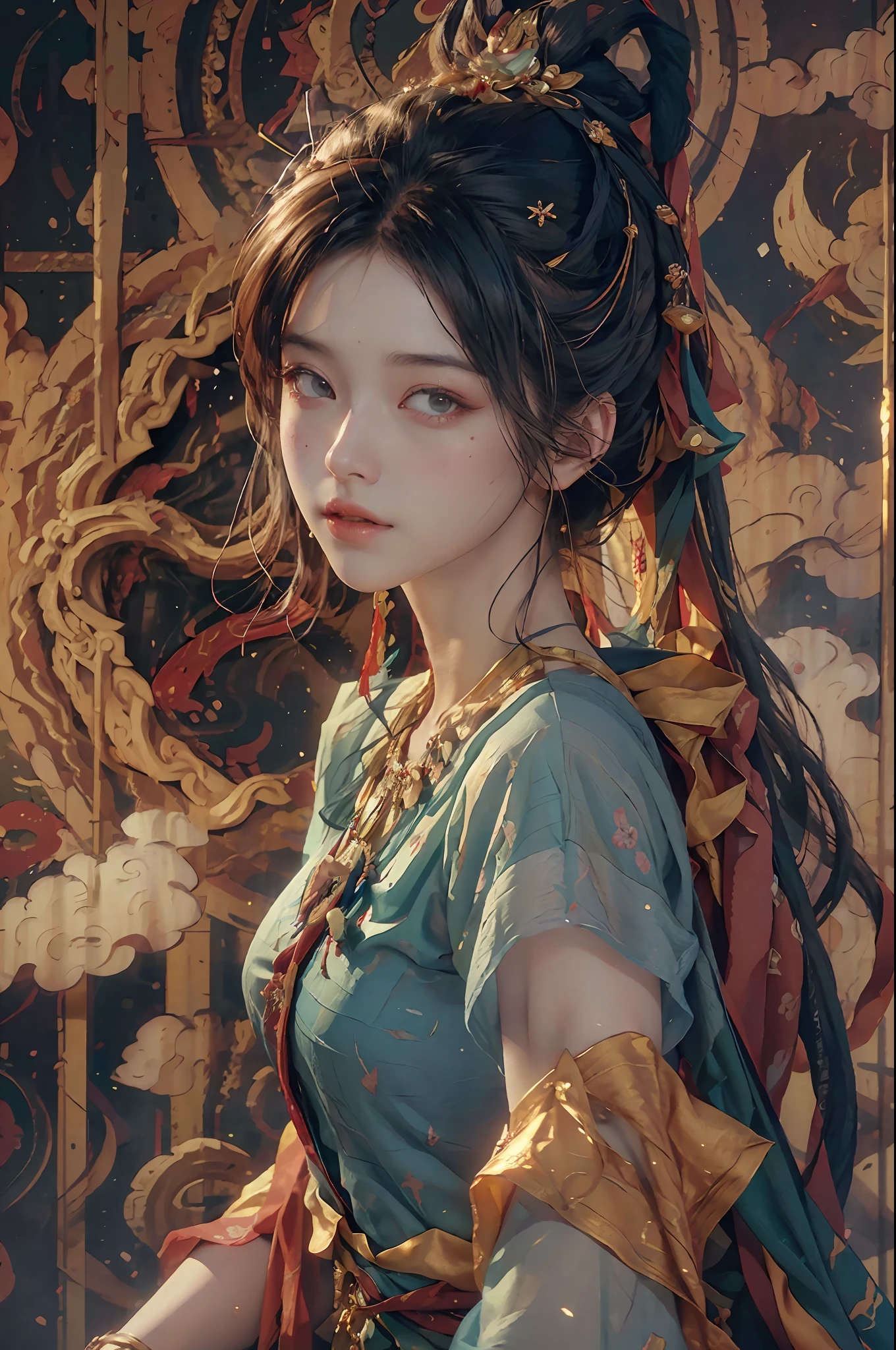 (RAW photo, best quality), (realistic, photo-realistic:1.3),best quality,highly detailed,masterpiece,ultra-detailed,illustration,1girl,upper_body,dynamic angle,world masterpiece theater,messy_long_hair,best quality,extremely detailed CG unity 8k wallpaper,ink,Amazing,cinematic lighting,lens_flare, dunhuang_style