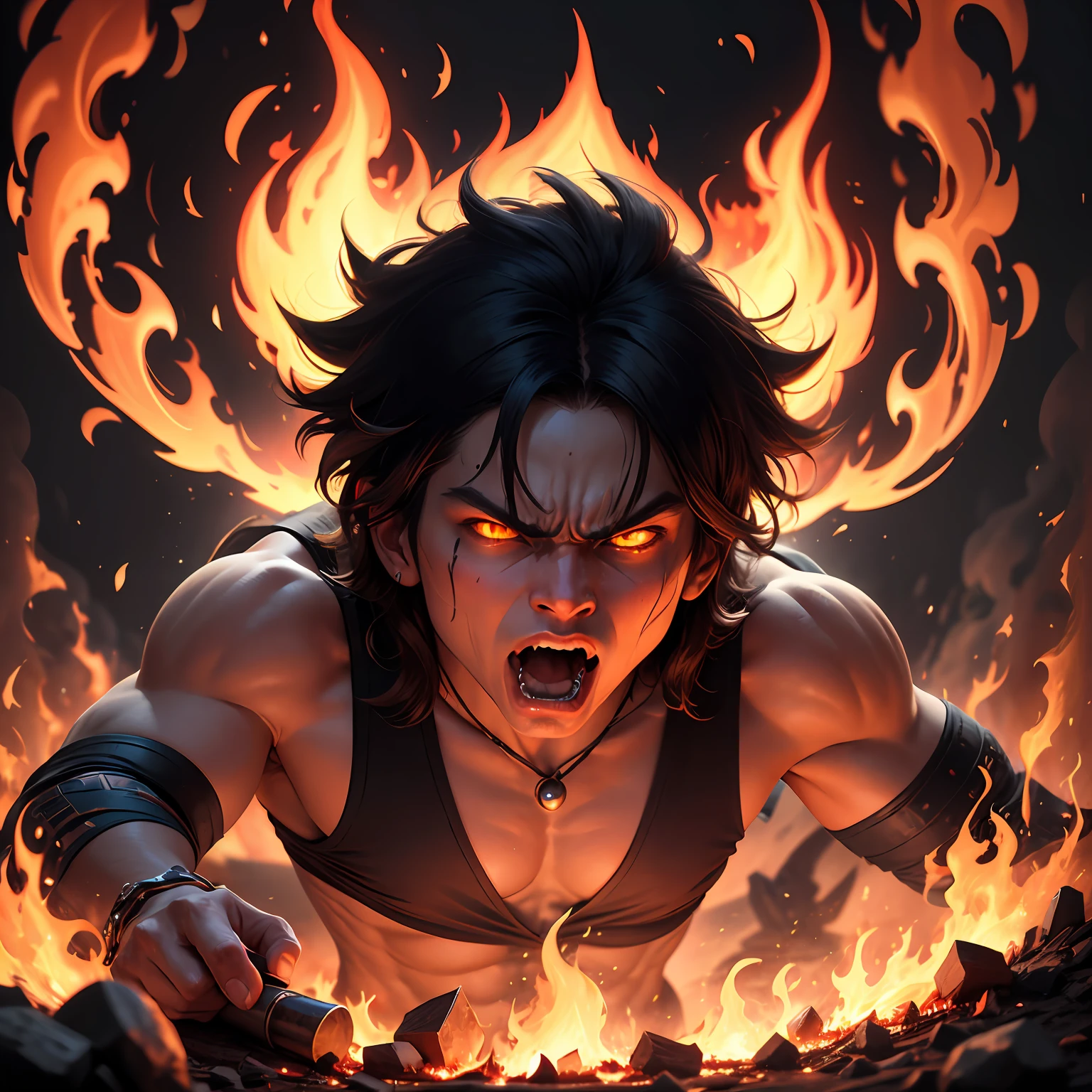 Tall and angry young Myowang God, big eyes angry, open mouth to show big fangs, holding a vajra pestle in his hand, hair upside down like flames, all silhouettes of his body are on fire, the background is full of big flames, the sky is full of flames, flames are full of pictures, (masterpiece), best quality, ultra-high resolution, close-up, colorful fires fill the picture, photon mapping, radiosity, physically based rendering, cinematic lighting, complex, high detail, sharp focus, dramatic, realistic