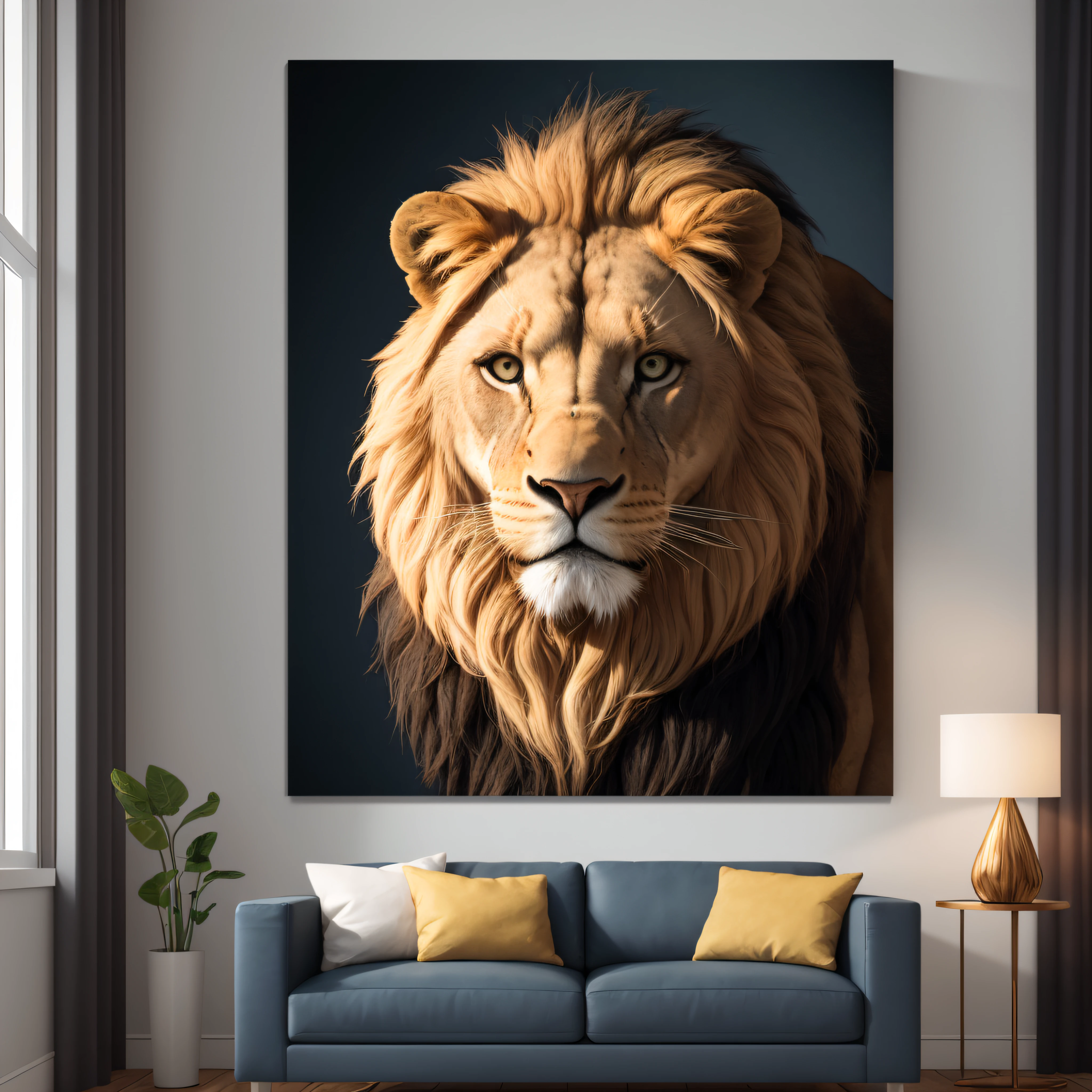 there is an image of a lion sitting on a wall, printing art on canvas, placed in a living room, displayed on the walls, very high quality art, 4k product photo, high quality glossy art, high resolution printing, large format photography, 4k painting photography, highly detailed 8k art, placed in a large living room, large format image, realistic image --auto