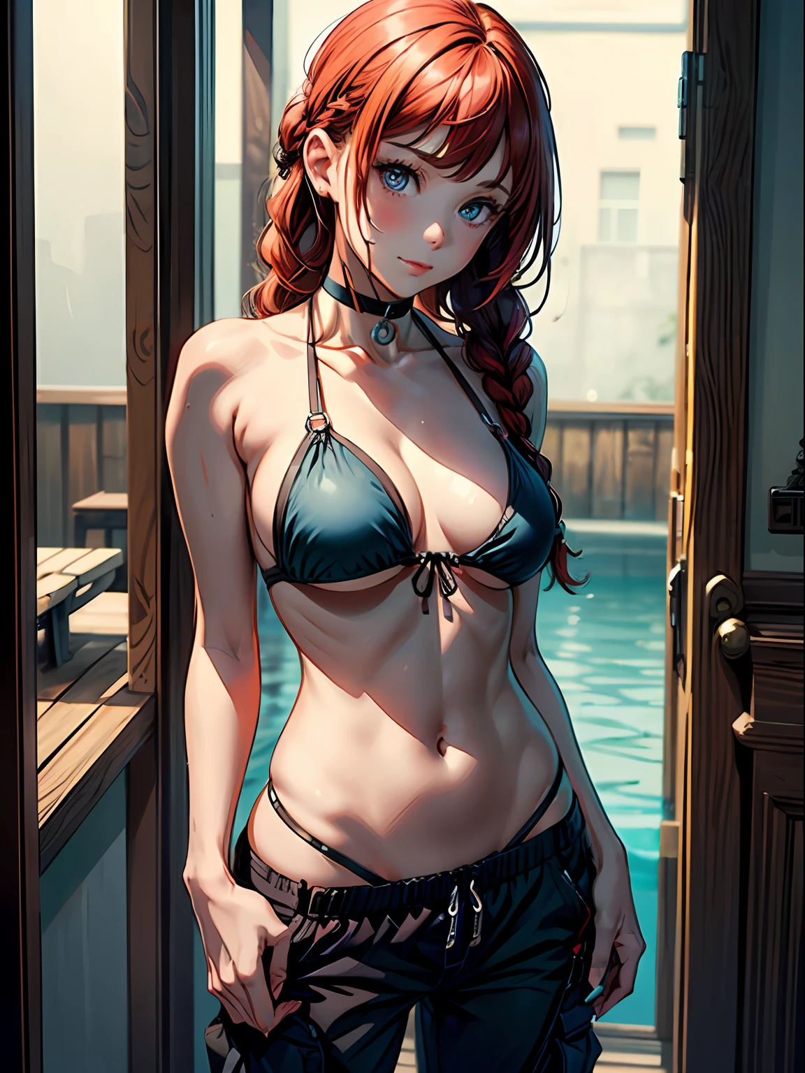 (masterpiece, best quality), 1girl, (smirk:0.75), upper body, looking at viewer, side tied bikini top, ((pubis, groin, crotch)), braid, (((pants pull))), choker, redhead, wide hips,