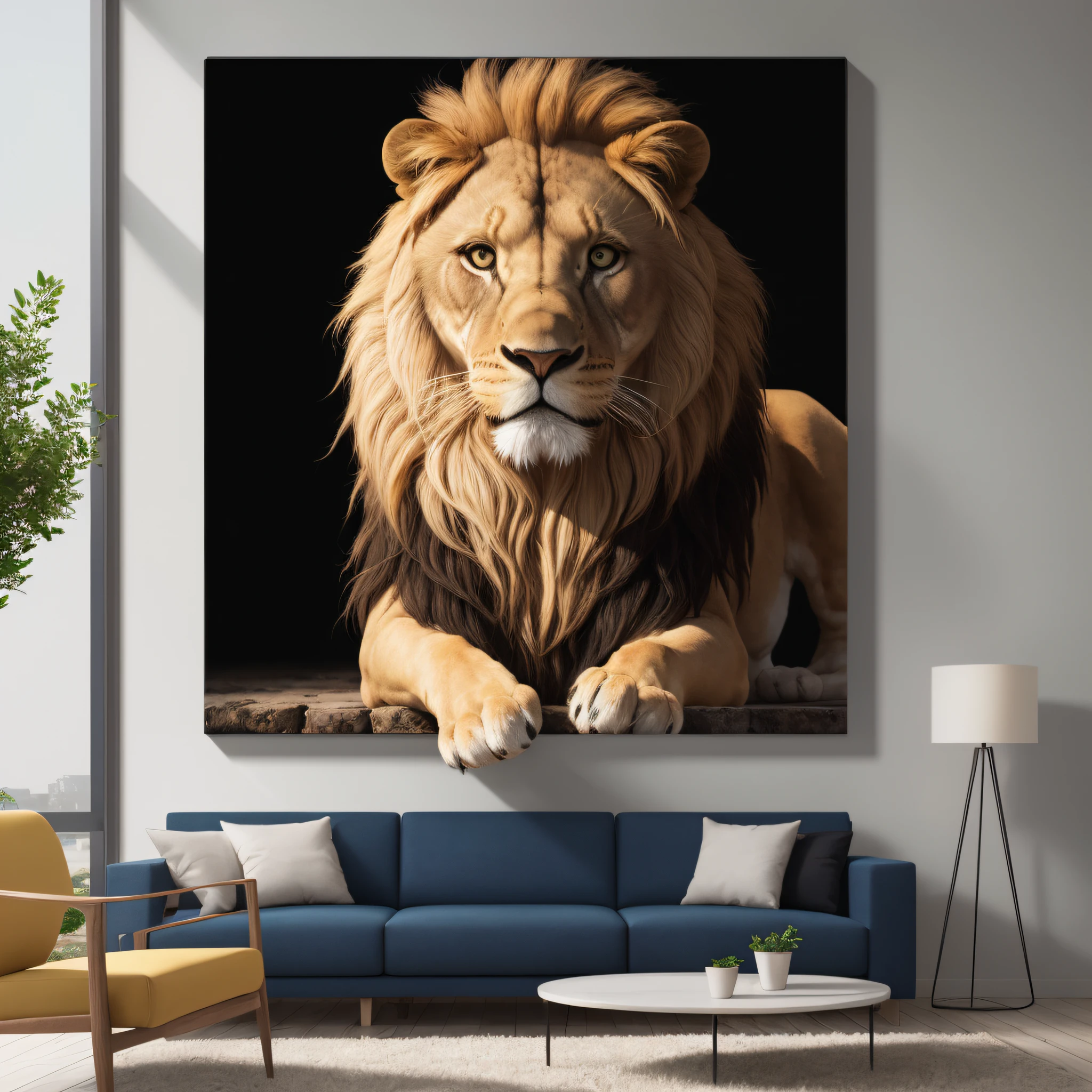 there is an image of a lion sitting on a wall, printing art on canvas, placed in a living room, displayed on the walls, very high quality art, 4k product photo, high quality glossy art, high resolution printing, large format photography, 4k painting photography, highly detailed 8k art, placed in a large living room,  large format image, realistic image --auto