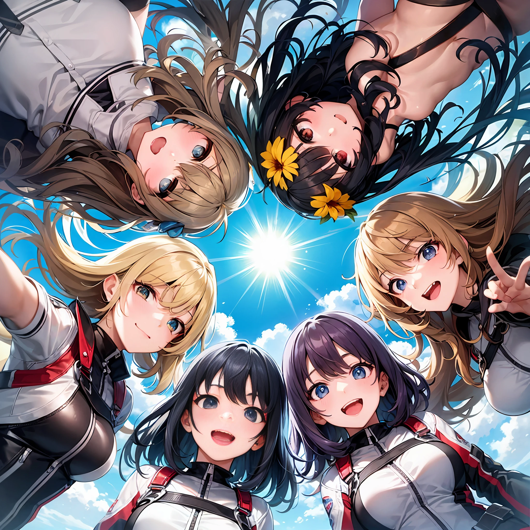 The graffiti part is all deleted, the selected part is all deleted, white hair, red eyes, head down, unified style, the girls' heads are in a circle, integrated into the whole, harmonious, natural