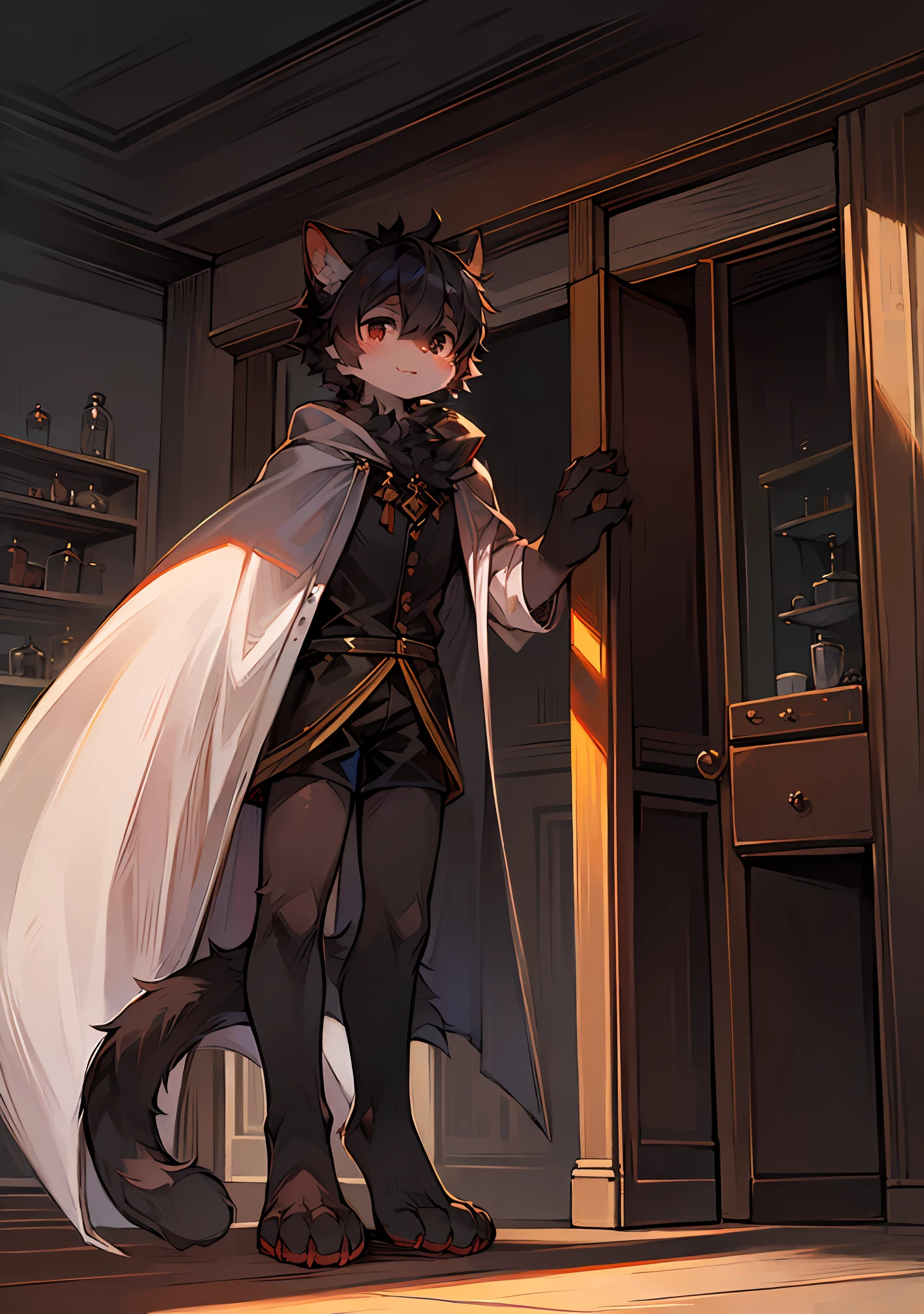 (Bright Environment: 0.8), Masterpiece, High Quality, Abstract Res, Digital Painting\(Artwork\), by Dagasi, Yupa, Kiyosan, (Anthro, Fluffy Fur, Character Focus: 1.1), Anthro Male Cat, Short Hair, Portrait , bright eyes, panorama, character focus. (Background: 0.7), Solo, Furry, Hairy Male, Male Focus, Anthr, (Full Body Fur, Fluffy Tail, Black Fur, Black Eyes, Black Hair: 1.2), (Long Feline, Cape: 1.2), (Interior, Daytime, Lab: 1.1)