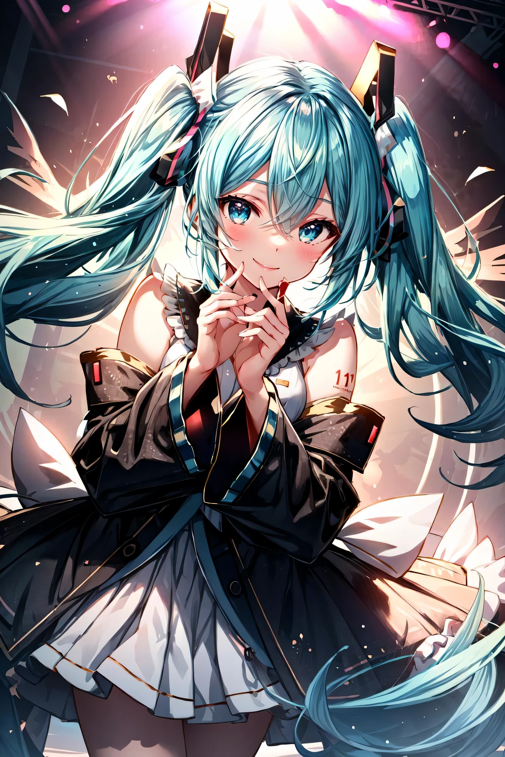 masterpiece, best quality, ultra-detailed, illustration, an extremely delicate and beautiful, five fingers,
1girl, solo, light smile,
Hatsune Miku,twintails,live stage, Particles of Light,