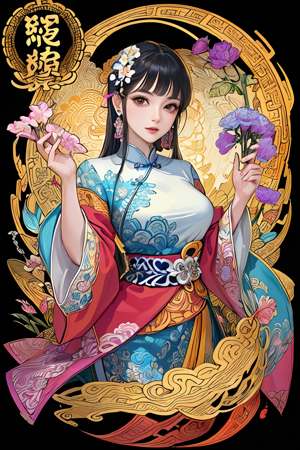 (masterpiece, top quality, best quality, official art, beautiful and aesthetic:1.2), (1girl:1.3), extremely detailed,(fractal art:1.1),(colorful:1.1)(flowers:1.3),highest detailed,(zentangle:1.2), (dynamic pose), (abstract background:1.3), (chinese Traditional cloth:1.2), (shiny skin), (many colors:1.4), ,(earrings:1.4),