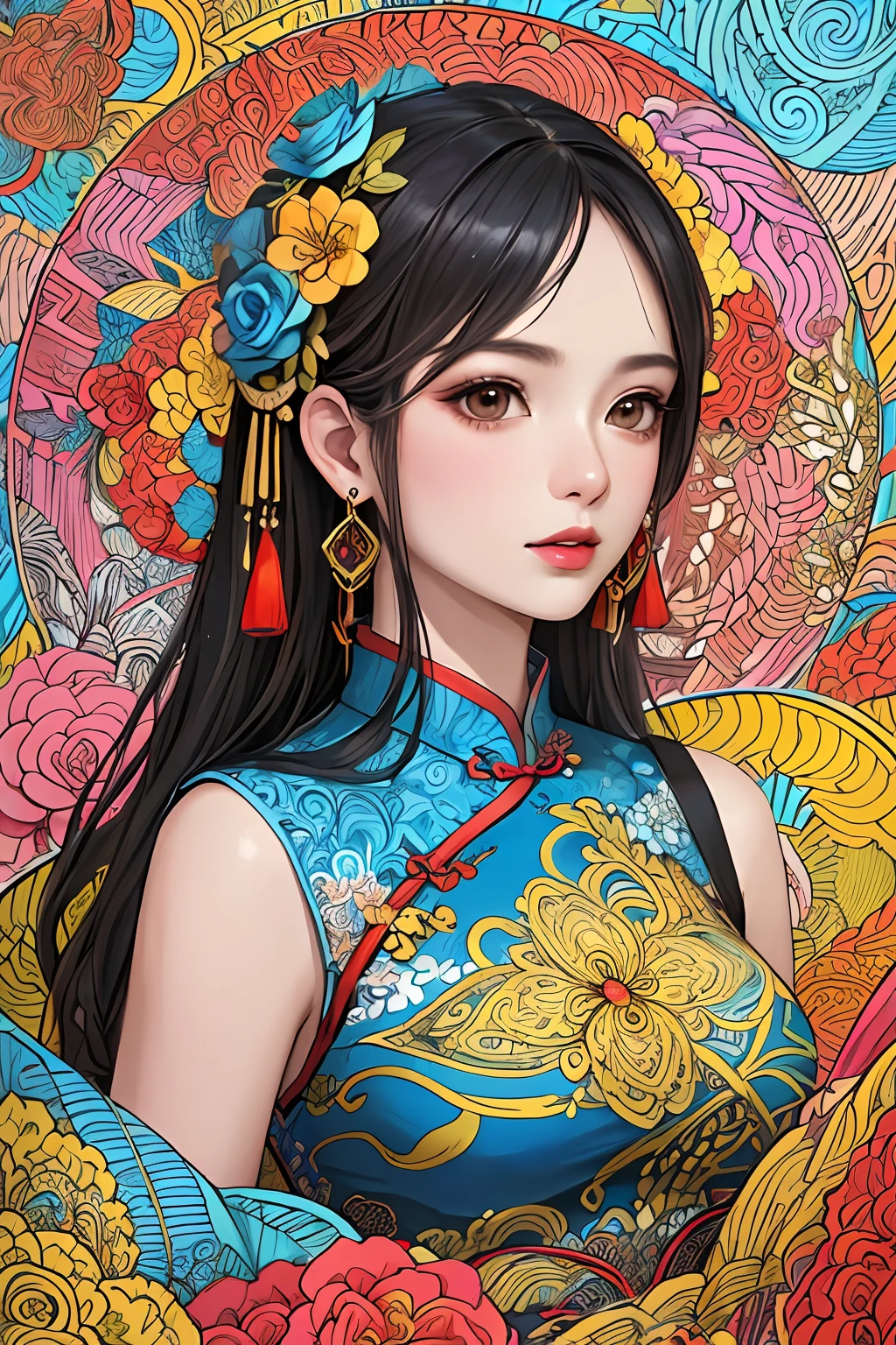 (masterpiece, top quality, best quality, official art, beautiful and aesthetic:1.2), (1girl:1.3), extremely detailed,(fractal art:1.1),(colorful:1.1)(flowers:1.3),highest detailed,(zentangle:1.2), (dynamic pose), (abstract background:1.3), (chinese Traditional cloth:1.2), (shiny skin), (many colors:1.4), ,(earrings:1.4),
