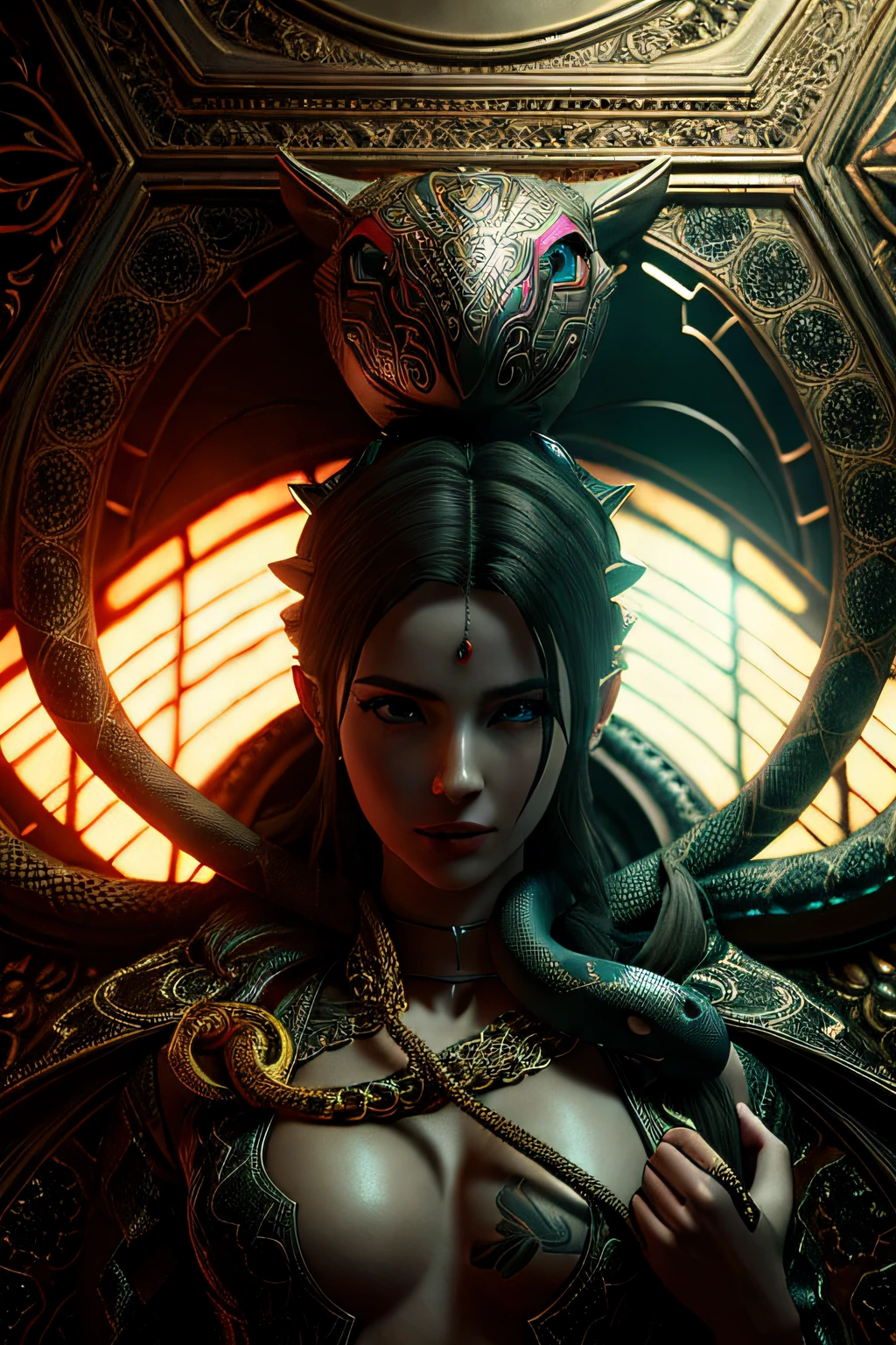 a woman with a snake around her neck and a snake around her neck, unreal engine 5 digital art, unreal engine render + a goddess, art nouveau octane render, 4k highly detailed digital art, 4k detailed digital art, detailed cinematic render, cgsociety 8 k, cgsociety 8k, cgsociety 8k, hyper detailed digital art