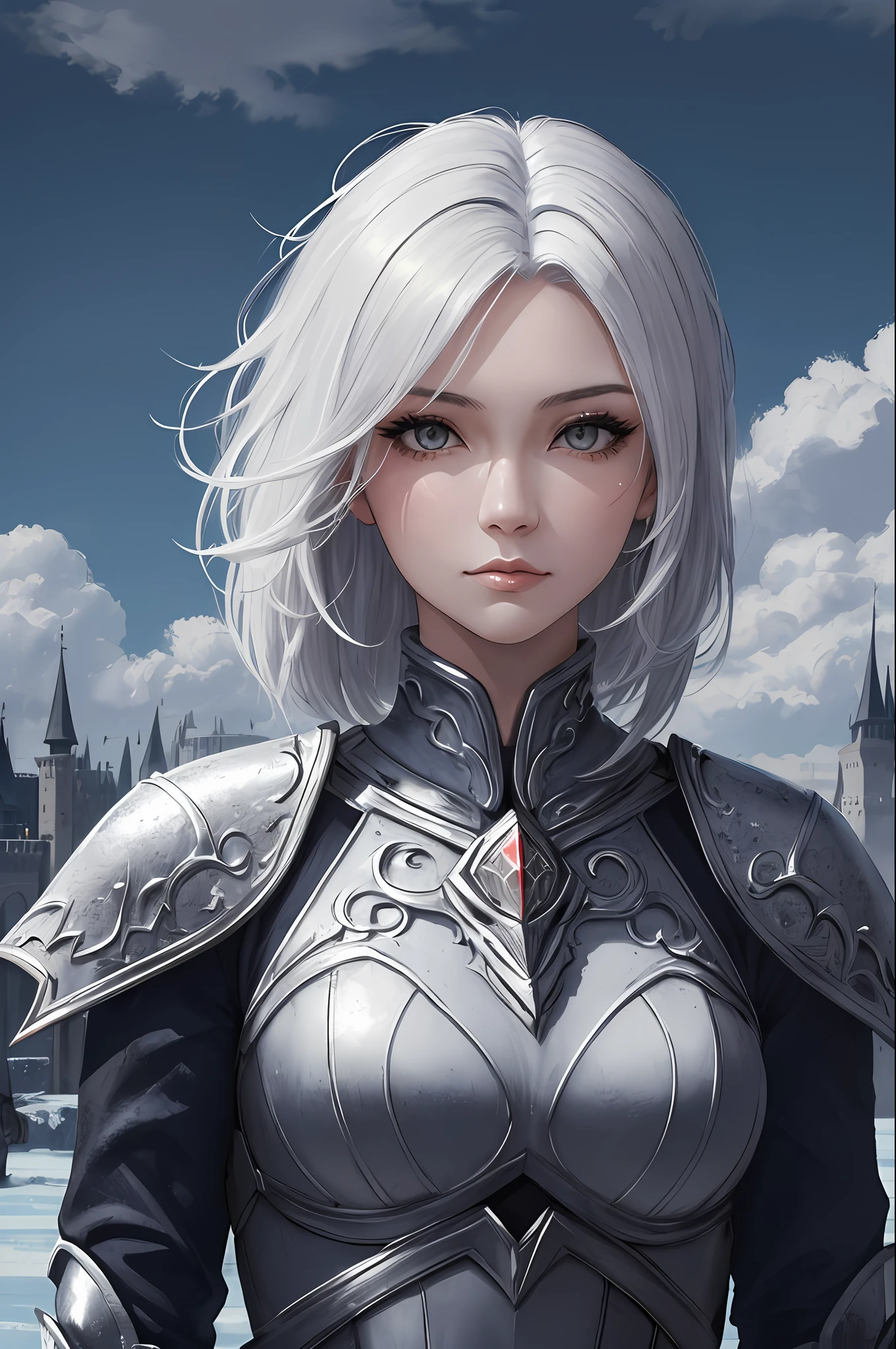 ((high quality:1.2, masterpiece:1.2)), 1girl, beautiful face, white hair, grey eyes, dynamic pose, (death knight, fantasy), (face shot, upper body), fantasy, (noon, ice castle background:1.2), majestic clouds, absurdres, high details, detailed and intricate, best lighting, sharp focus, realistic lighting