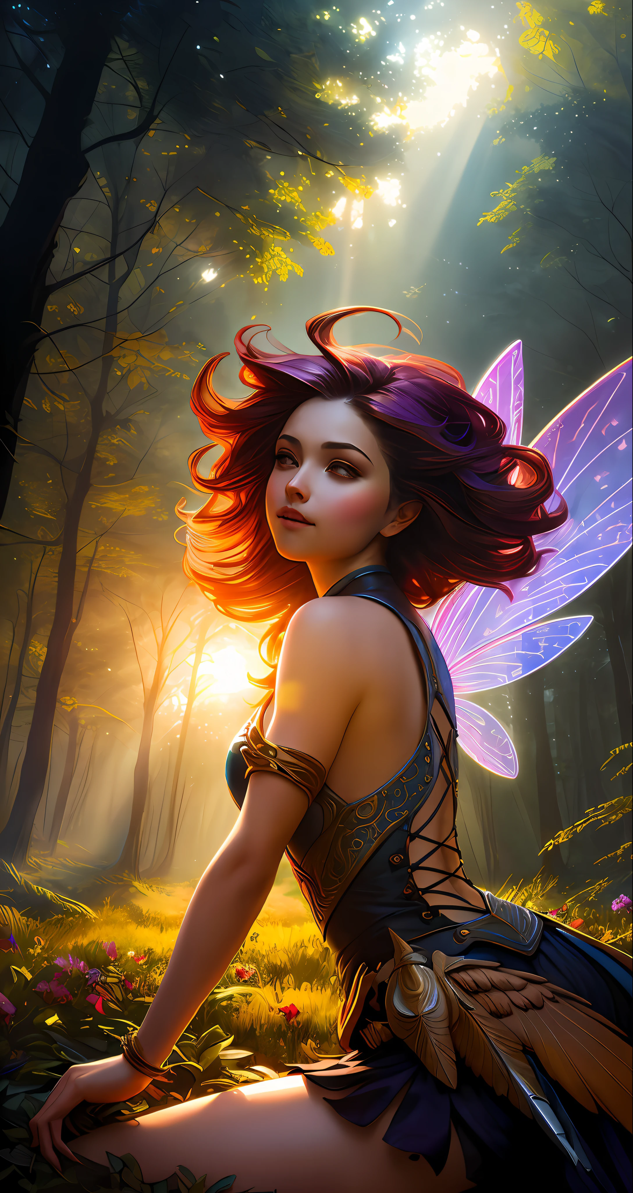 Beautiful (Winged Fairy) holding (bow in hands) and arrow quiver on back, in a dream forest, Ben Bauchau, Michael Garmash, Daniel F Gerhartz, Clint Cearley, Carne Griffiths, Jean Baptiste Monge, Whispers Of The Evening Breeze, Moonlit Peace Descends| Centered| Intricate| Highly Detailed| Breathtaking Beauty| Precise Digital Art| Vibrant| Comprehensive Cinematic| Volumetric Lighting, ---S1000, Ornate Motifs, Warm Dreamy Lighting, Johan Grenier, TXAA, Penumbra, Intricate, Sunshine Rays