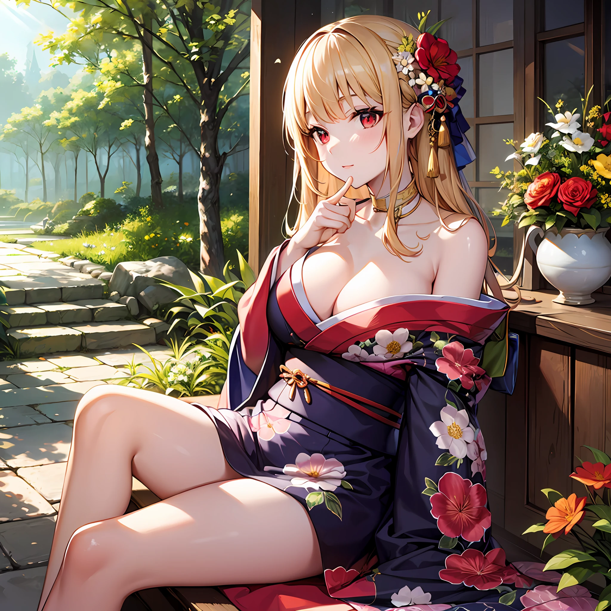 blonde girl, red eyes, kimono, off-shoulder, solo, flower, sitting