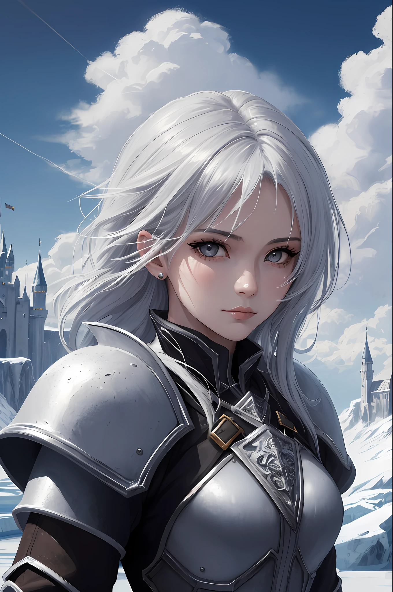 ((high quality:1.2, masterpiece:1.2)), 1girl, beautiful face, white hair, grey eyes, dynamic pose, (death knight, fantasy), (face shot, upper body), fantasy, (noon, ice castle background:1.2), majestic clouds, absurdres, high details, detailed and intricate, best lighting, sharp focus, realistic lighting