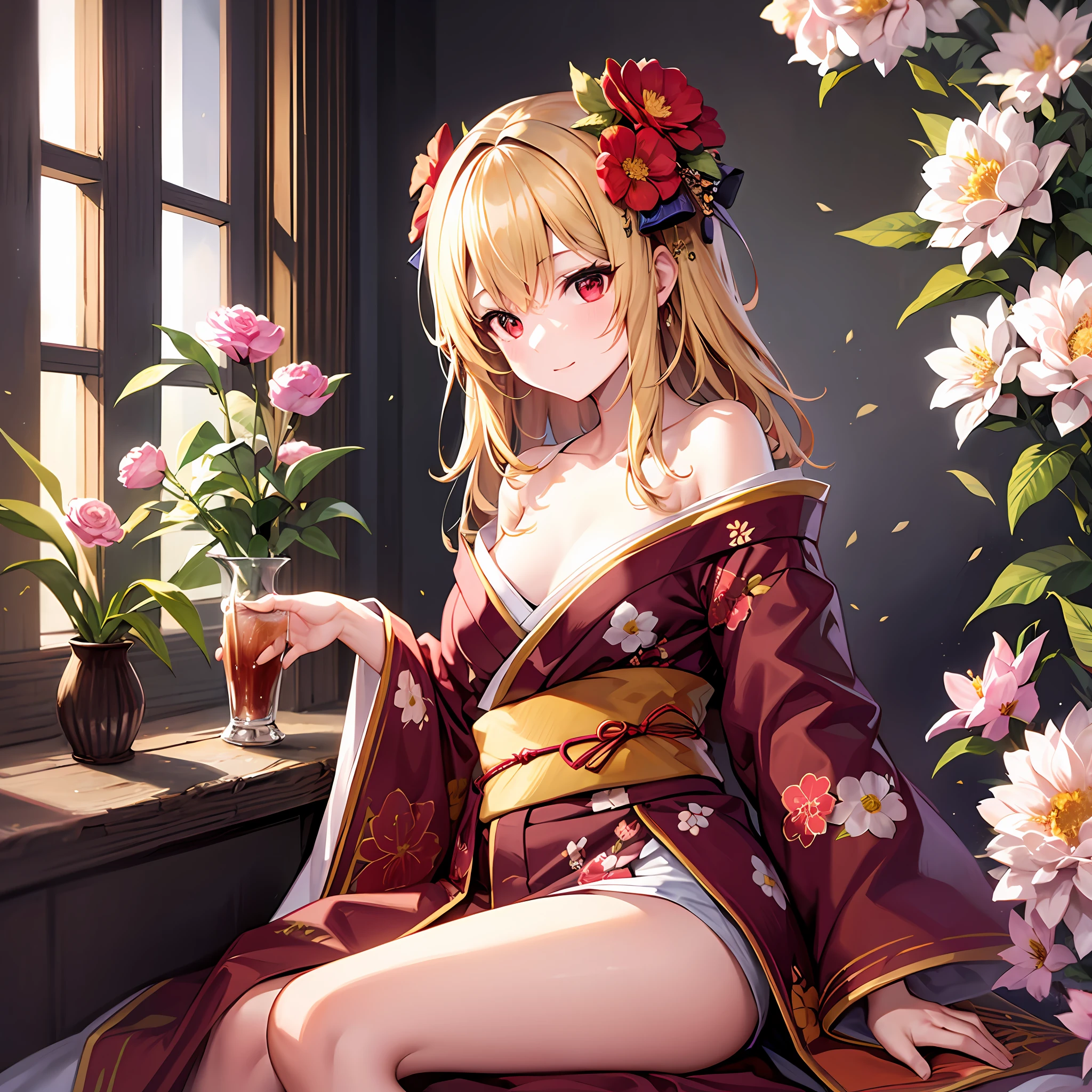 blonde girl, red eyes, kimono, off-shoulder, solo, flower, sitting