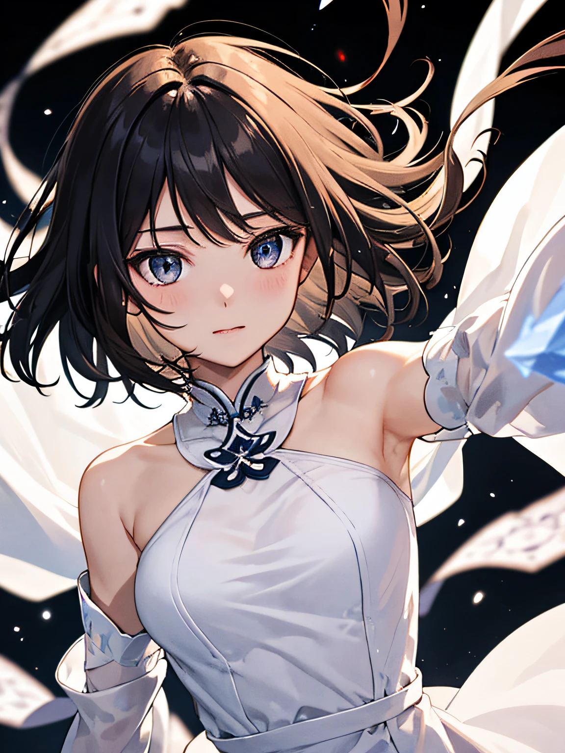 (Masterpiece, Top Quality, Best, Official Art, Beautiful and Aesthetic, Long Exposure: 1.2), Smooth Movement, Charming Patterns, 1 Girl, (Long Dress with Sleeves: 1.3), (((White Clothes) )), upper body close-up, bare shoulders, Chinese girl, blush, black lob hair, portrait, solo, upper body, looking at the observer, detailed background, detailed face, (crystallineAI, crystalline theme:1.1), elemental wind elves, rotation Wind, control the wind, white crystal clothing, dynamic pose, floating particles, ethereal dynamics, whirlwind, vapor, whirlwind in the background, white tone, whirlwind, ethereal atmosphere,