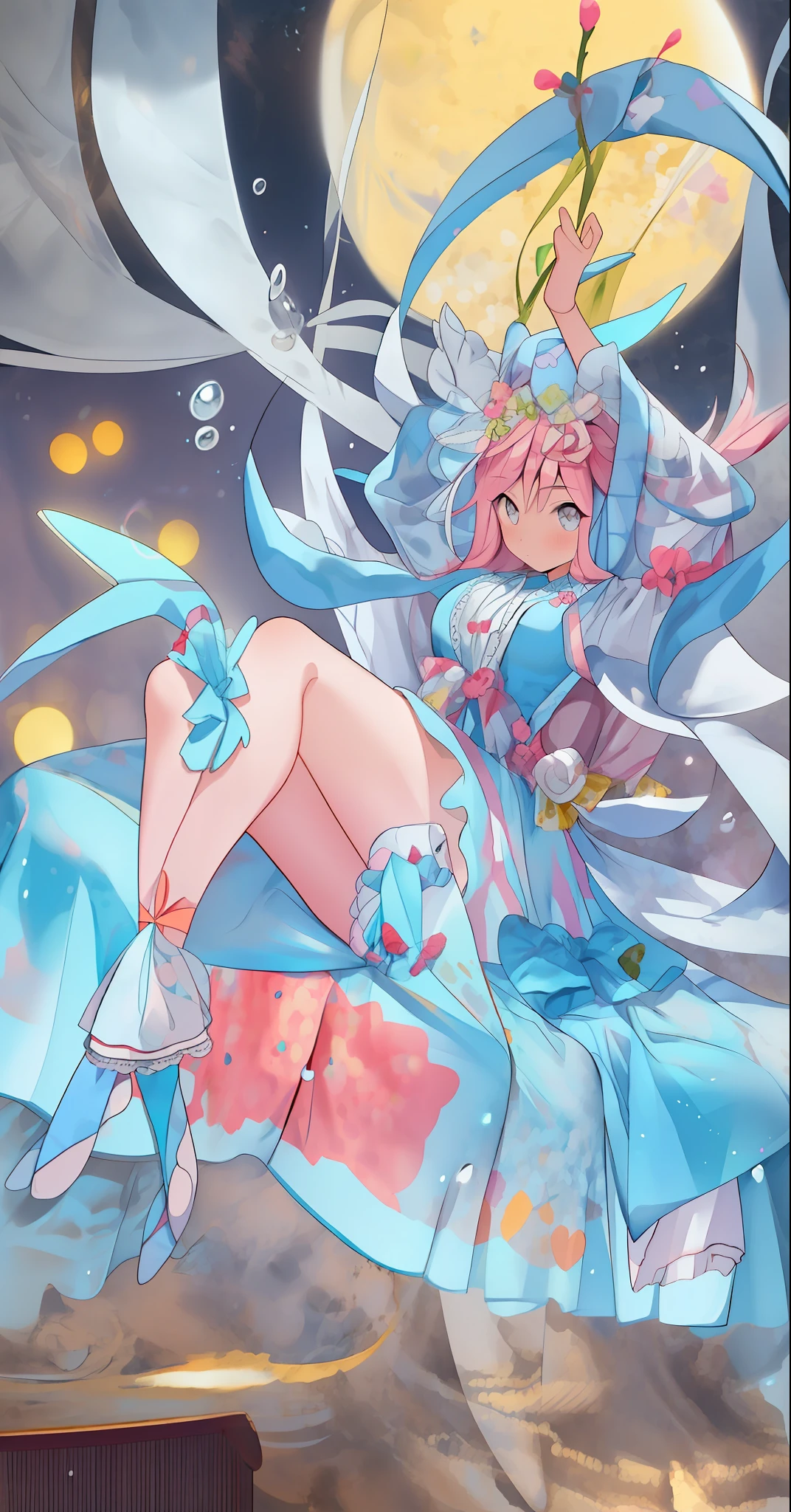 anime girl with pink hair and blue dress sitting on a bed, pixiv contest winner, splash art anime loli, pixiv, pixiv style, top rated on pixiv, digital art on pixiv, at pixiv, official artwork, trending on cgstation, pixiv 3dcg, trending on artstation pixiv, popular on pixiv