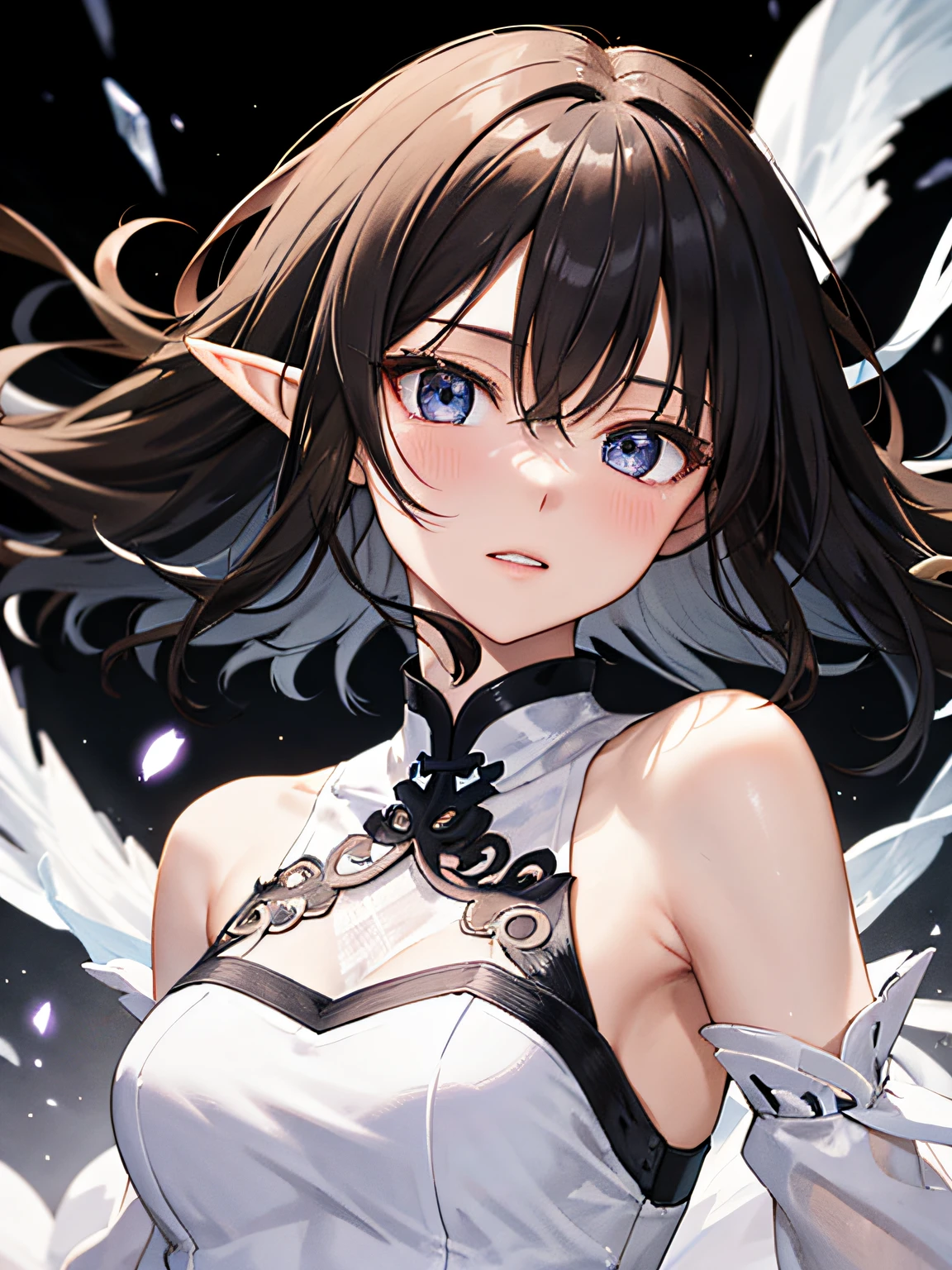 (Masterpiece, Top Quality, Best, Official Art, Beautiful and Aesthetic, Long Exposure: 1.2), Smooth Movement, Charming Patterns, 1 Girl, (Long Dress with Sleeves: 1.3), (((White Clothes) )), upper body close-up, bare shoulders, Chinese girl, blush, black lob hair, portrait, solo, upper body, looking at the observer, detailed background, detailed face, (crystallineAI, crystalline theme:1.1), elemental wind elves, rotation Wind, control the wind, white crystal clothing, dynamic pose, floating particles, ethereal dynamics, whirlwind, vapor, whirlwind in the background, white tone, whirlwind, ethereal atmosphere,