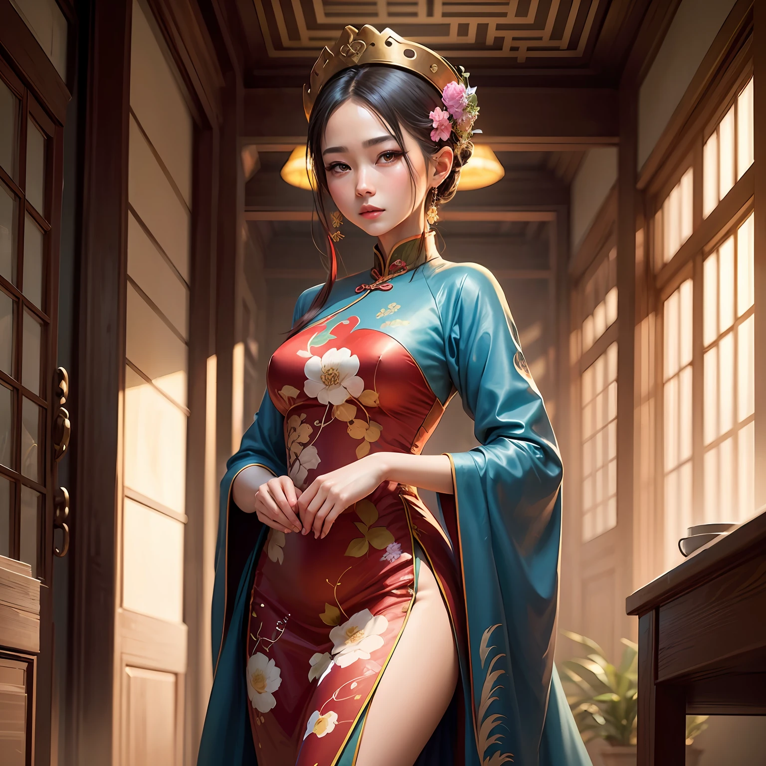 anime - style woman in a colorful oriental dress with a flowered hair, chinese dress, cheongsam, artwork in the style of guweiz, beautiful character painting, exquisite digital illustration, beautiful digital artwork, a beautiful artwork illustration, chinese costume, a beautiful fantasy empress, palace ， a girl in hanfu, beautiful digital illustration, stunning digital illustration, japanese goddess --auto
