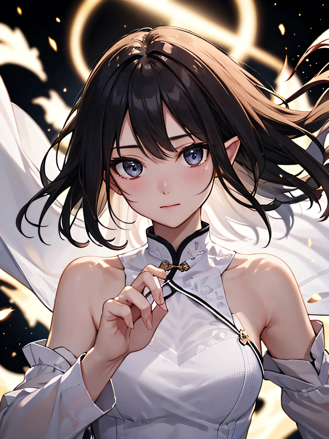 (Masterpiece, Top Quality, Best, Official Art, Beautiful and Aesthetic, Long Exposure: 1.2), Smooth Movement, Charming Patterns, 1 Girl, (Long Dress with Sleeves: 1.3), (((White Clothes) )), upper body close-up, bare shoulders, Chinese girl, blush, black lob hair, portrait, solo, upper body, looking at the observer, detailed background, detailed face, (crystallineAI, crystalline theme:1.1), elemental wind elves, rotation Wind, control the wind, white crystal clothing, dynamic pose, floating particles, ethereal dynamics, whirlwind, vapor, whirlwind in the background, white tone, whirlwind, ethereal atmosphere,