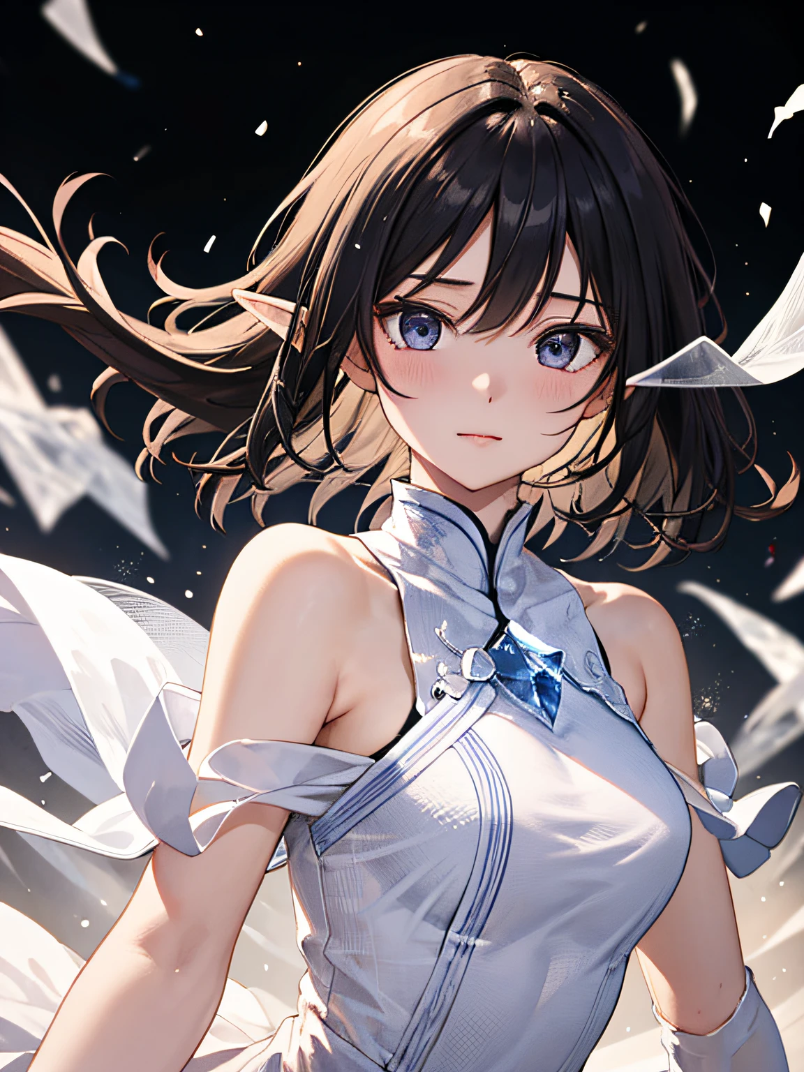 (Masterpiece, Top Quality, Best, Official Art, Beautiful and Aesthetic, Long Exposure: 1.2), Smooth Movement, Charming Patterns, 1 Girl, (Long Dress with Sleeves: 1.3), (((White Clothes) )), upper body close-up, bare shoulders, Chinese girl, blush, black lob hair, portrait, solo, upper body, looking at the observer, detailed background, detailed face, (crystallineAI, crystalline theme:1.1), elemental wind elves, rotation Wind, control the wind, white crystal clothing, dynamic pose, floating particles, ethereal dynamics, whirlwind, vapor, whirlwind in the background, white tone, whirlwind, ethereal atmosphere,
