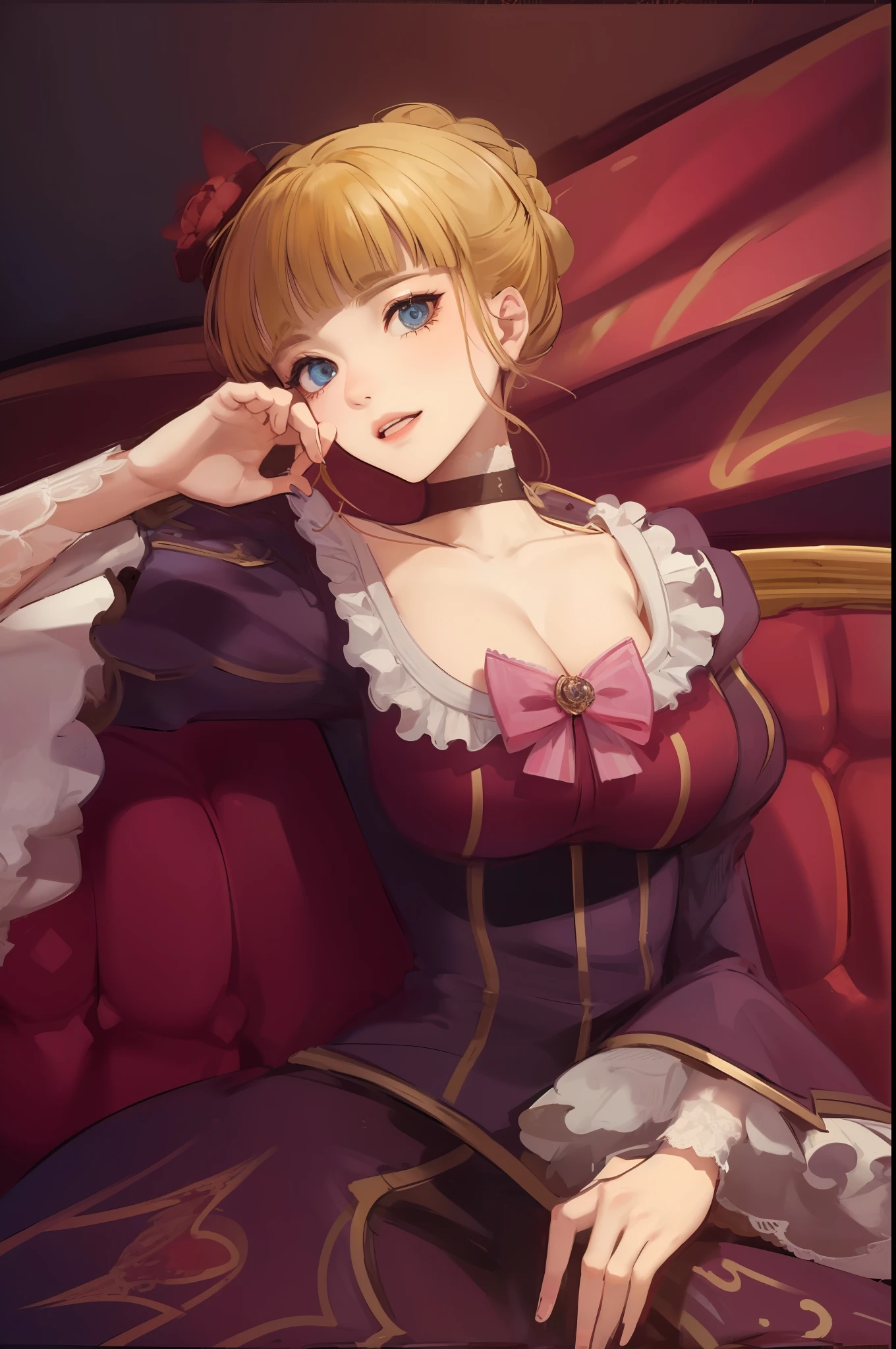 Best quality, ultra-high resolution, detailed faces, realism, face lifelike,
(High density display: 1.4), dramatic presentation, complex background, extremely beautiful eyes, masterpiece, solo, HDR, crazy detail, intricate detail, hyper detail, soft cinematic light, exposure mixed, mature, very sexy, high density display , intense light and shadow, looking at the audience, beatrice (umineko), erotic laughter, seductive smile, glowing blue eyes, full face flushing, big breasts, obscene expression.