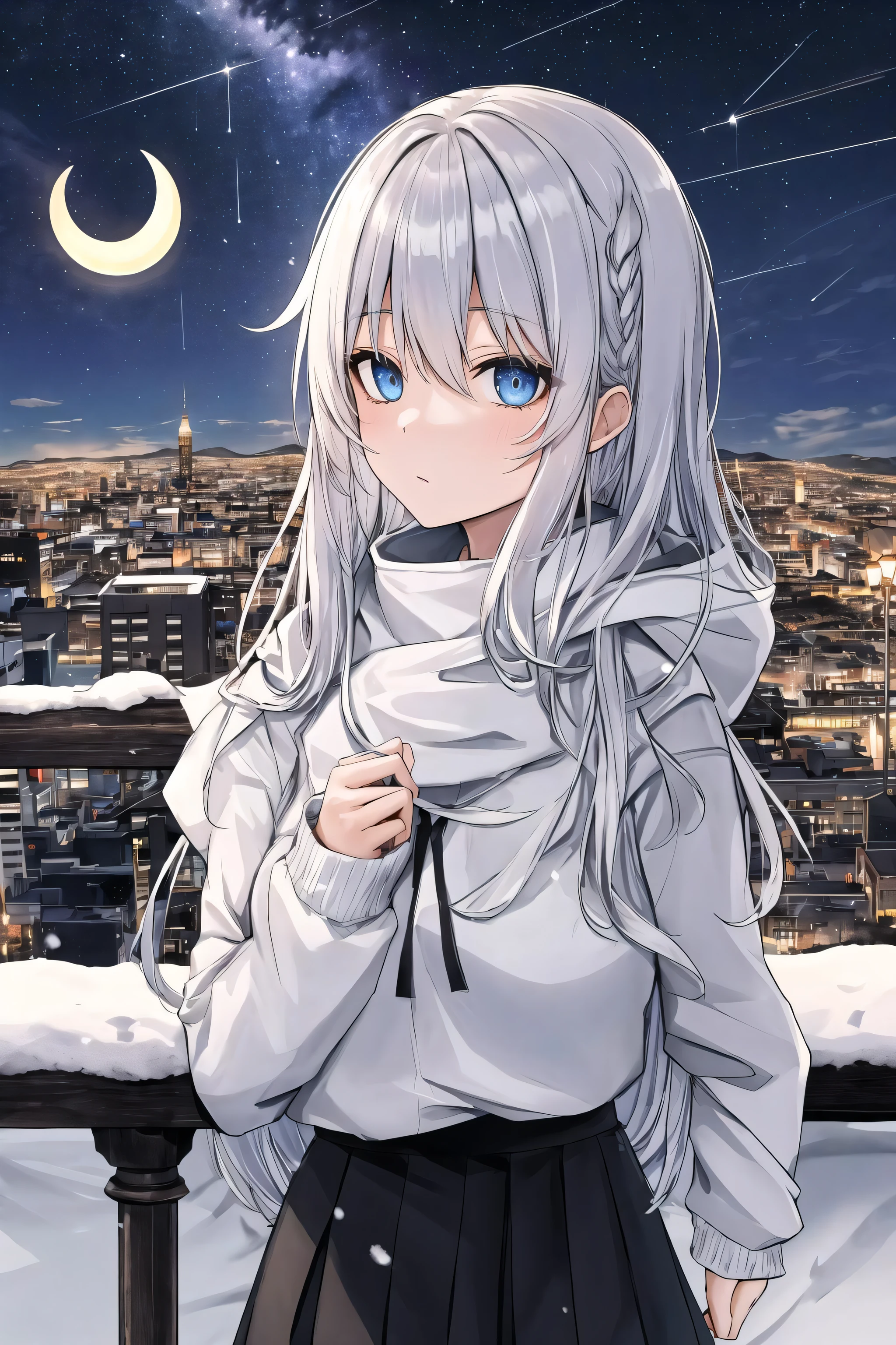 star_(sky), starry_sky, rating:safe, night_sky, night, shooting_star, sky, 1girl, building, skyscraper, cityscape, space, tower, cloud, planet, constellation, city_lights, snowing, city, snow, long_hair, milky_way, solo, moon, clock_tower, twilight, starry_sky_print, skyline, aurora, outdoors, blue_eyes, earth_(planet), crescent_moon, castle, galaxy, cloudy_sky, hood, looking_at_viewer, lamppost, light_particles, town, very_long_hair, bridge, bangs, long_sleeves, full_moon, scenery, gradient_sky, hooded_jacket, ruins, black_skirt, jacket, ferris_wheel, skirt, sunrise, hood_down, silver_hair, sleeves_past_wrists, open_clothes, mountain