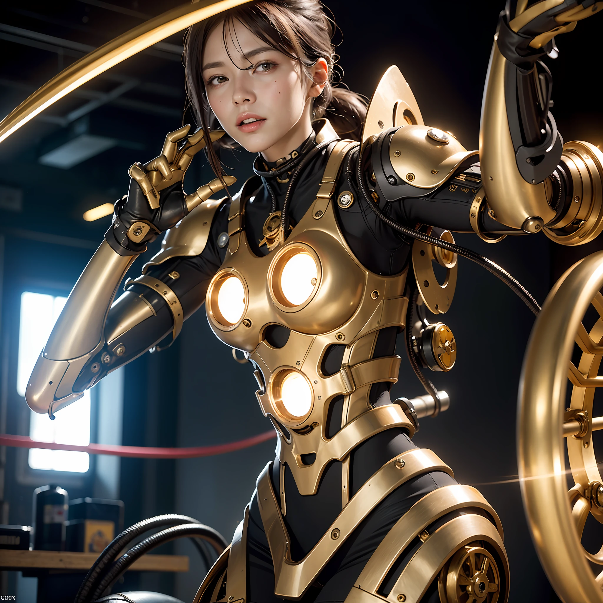 High degree of craftsmanship and quality assurance, masterpieces in the hands of top masters, extremely detailed and clear image resolution, rendered with camera-like realism, inspired by real photographs ( a mechanical girl), highly realistic details, as commemorative images, panoramic lighting effects, fine and accurate shadow representation, using advanced octane rendering technology, up to 8K resolution, extremely sharp and clear lines and details, spectacular and grand narrative, showing vivid skin details, performance of metallic materials, Fine and intricate decorative details, Steampunk style details, Depiction of details such as vacuum tubes, liquid tubes, oil pressure gauges, glass tubes, analog instruments, etc., Highlighting the details and movements of gears, Performance of gold hydraulic cylinders, Highly complex and detailed depiction, Realistic lighting effects, Following current trends in CG technology, Eyes glowing, Facing the gaze of the audience, Detailed depiction of neon details, Depiction of mechanized body parts, Depiction of blood vessels connected to catheters, Depiction of mechanized spine attached to the back, depicting a mechanical attachment attached to the neck, Presenting a sitting position, depicting wires and cables connected to the head,