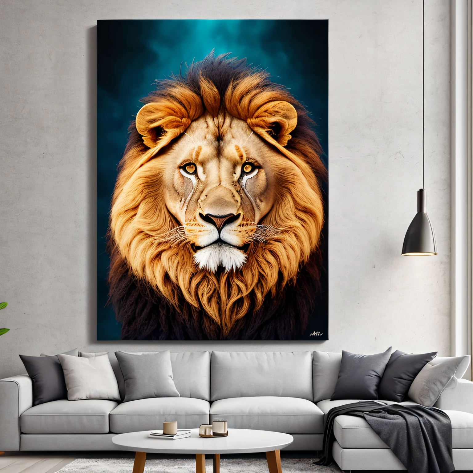 there is an image of a lion sitting on a wall, art printing on canvas, placed in a living room, displayed on the wall, very high quality art, 16k product photo, high quality glossy art, high resolution printing, large format photography, 16k painting photography, highly detailed 16k art, placed in a large living room, large format image, realistic image, 35mm --auto