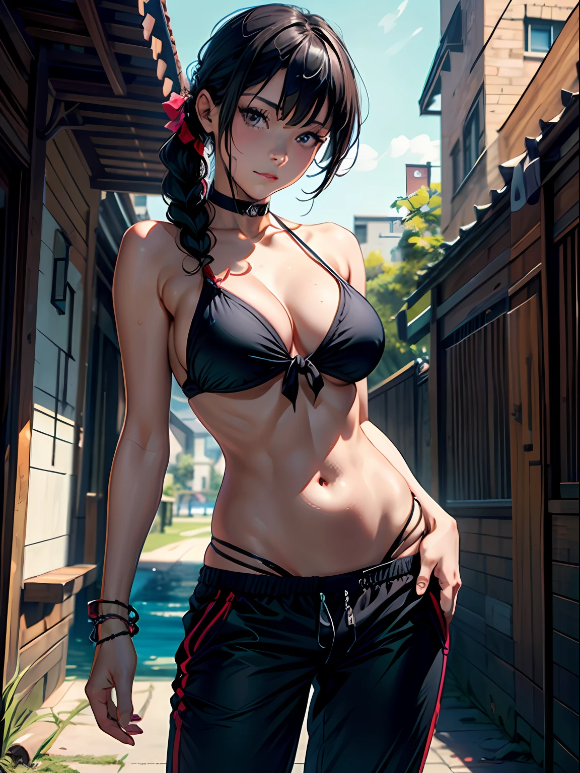 (masterpiece, best quality), 1girl, (seductive smirk:0.75), upper body, looking at viewer, side tied  top, ((, groin, )), braid, (((pants pull))), choker, black hair, wide ,