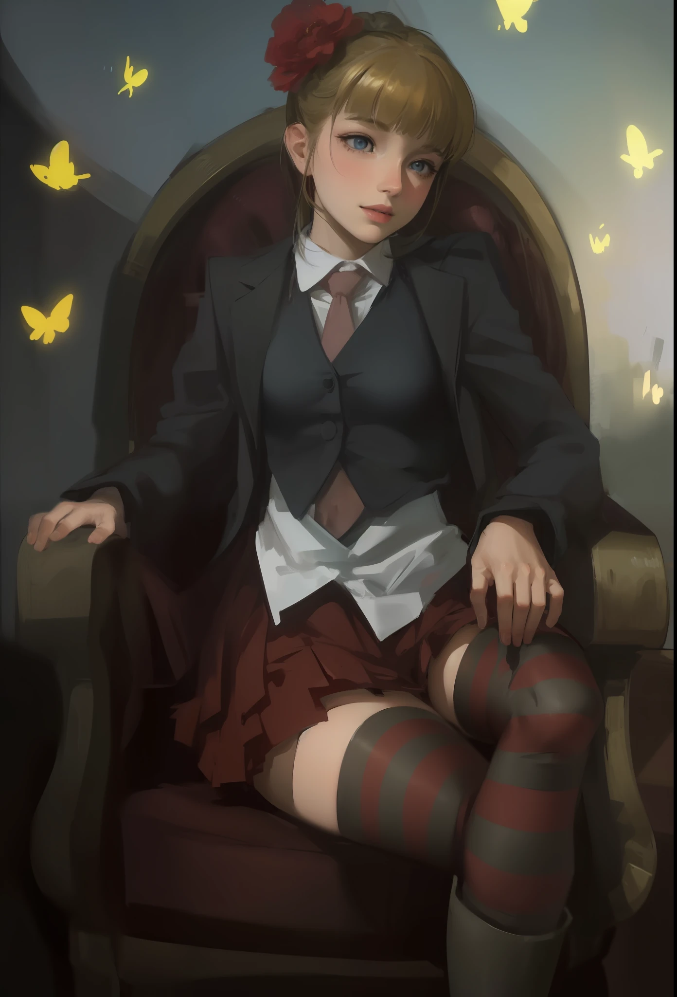 Best Quality, Resolution Ultra High Resolution, Face Detail, Realistic, Face Realistic,
(HDR: 1.4), dramatic, complex background, looking at the audience, crazy details, intricate details, italian beauty, hyper detail, soft cinematic light, wide shoulders, sexy, exposure mix, HDR, intense light and shadow, beatrice (umineko), mature woman, mouth corners up, crazy laugh, glowing blue eyes, blush, black and red stockings, medium length boots, huge tits, red fluffy mini skirt, wing pattern on thighs, seductive smile.