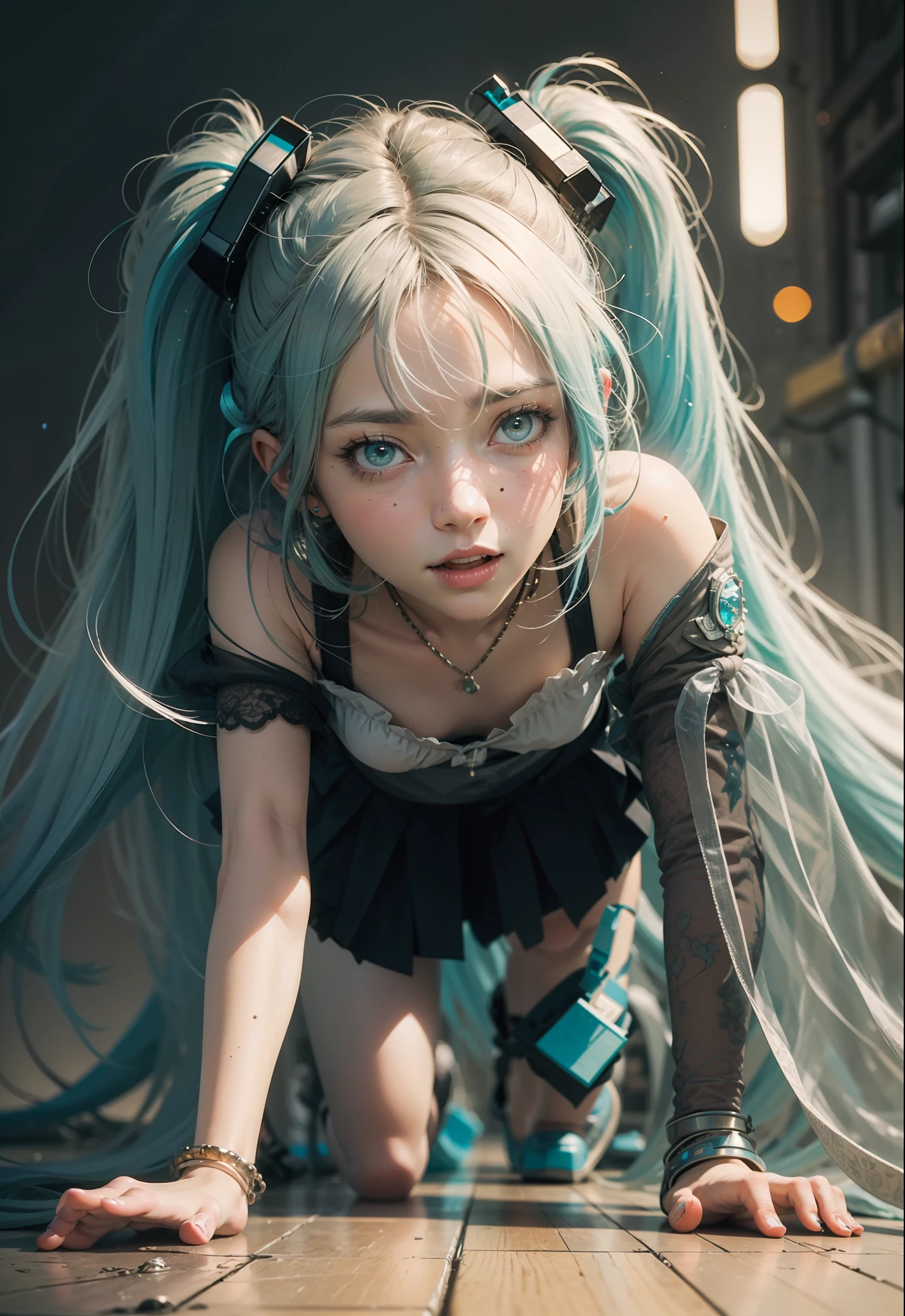 Hatsune Miku, Audience Perspective, (Ultra Realistic), (Illustration), (High Definition), (8K), (High Detail), (Best Illustration), (Beautiful Detail Eye), (Best Quality), (Super Detail), (Masteri,), (Wallpaper), (Detail Face), One Girl, Aristocratic Dress, Gray Hair, Iris Heterochromatic Eyes, Small Moles Under the Eyes, Middle Chest, Long Legs, Beautiful and Detailed Legs, Crawling on All Fours