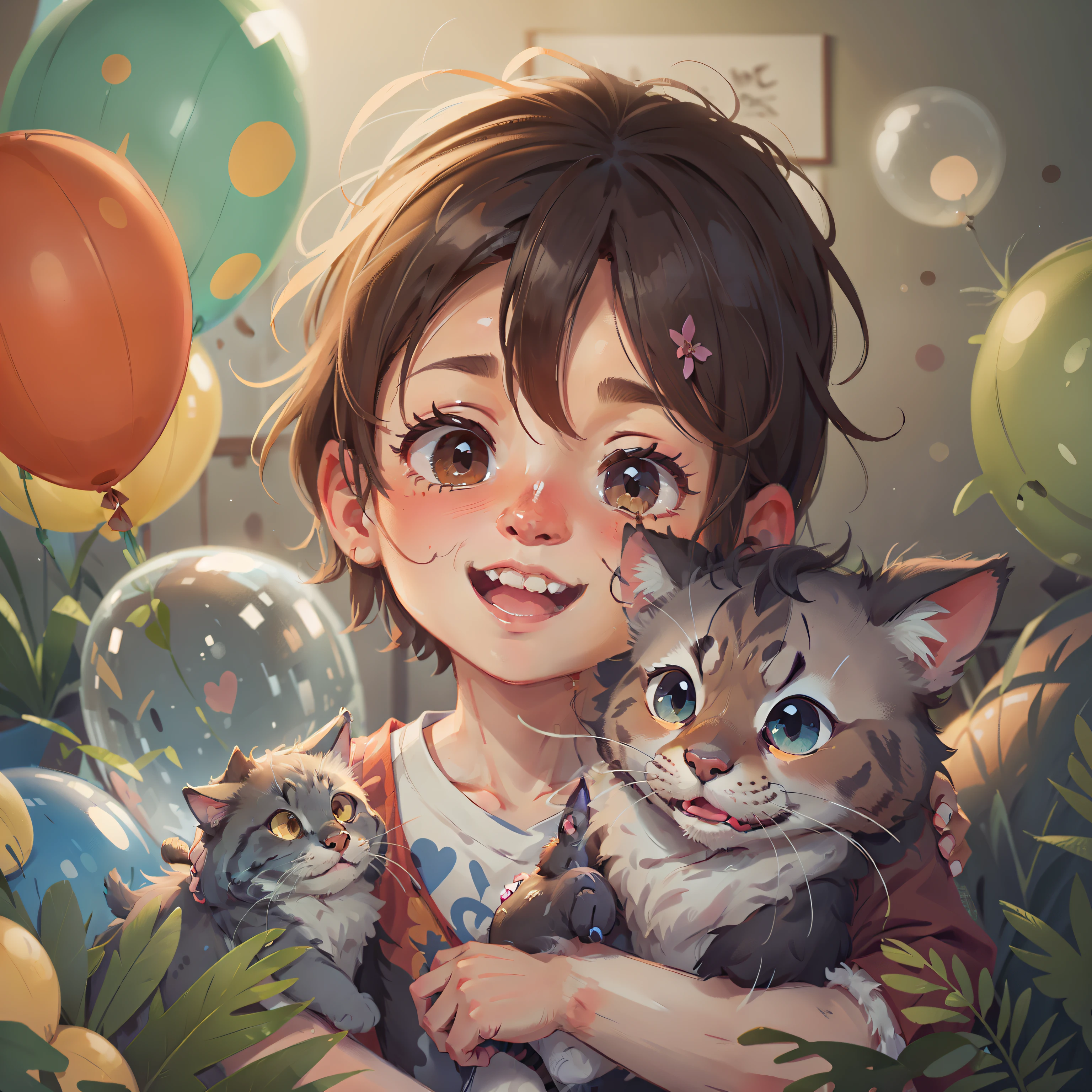 A boy, zoo, holding a cat, many balloons, happy, happy, dreamy, hazy, perfect quality, clear focus (clutter-home: 0.8), (masterpiece: 1.2) (realistic: 1.2) (bokeh) (best quality) (detailed skin: 1.3) (intricate details) (8K) (detail eyes) (sharp focus), (happy)