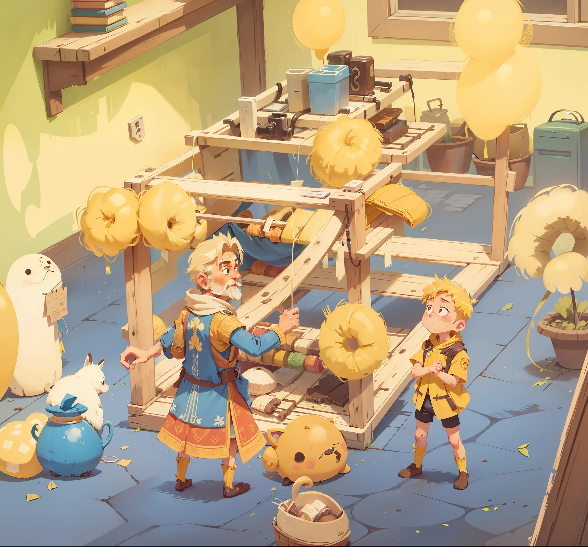 In front of the loom, a middle-aged yellow-haired servant, a middle-aged male guard with long brown hair, the emperor's new clothes