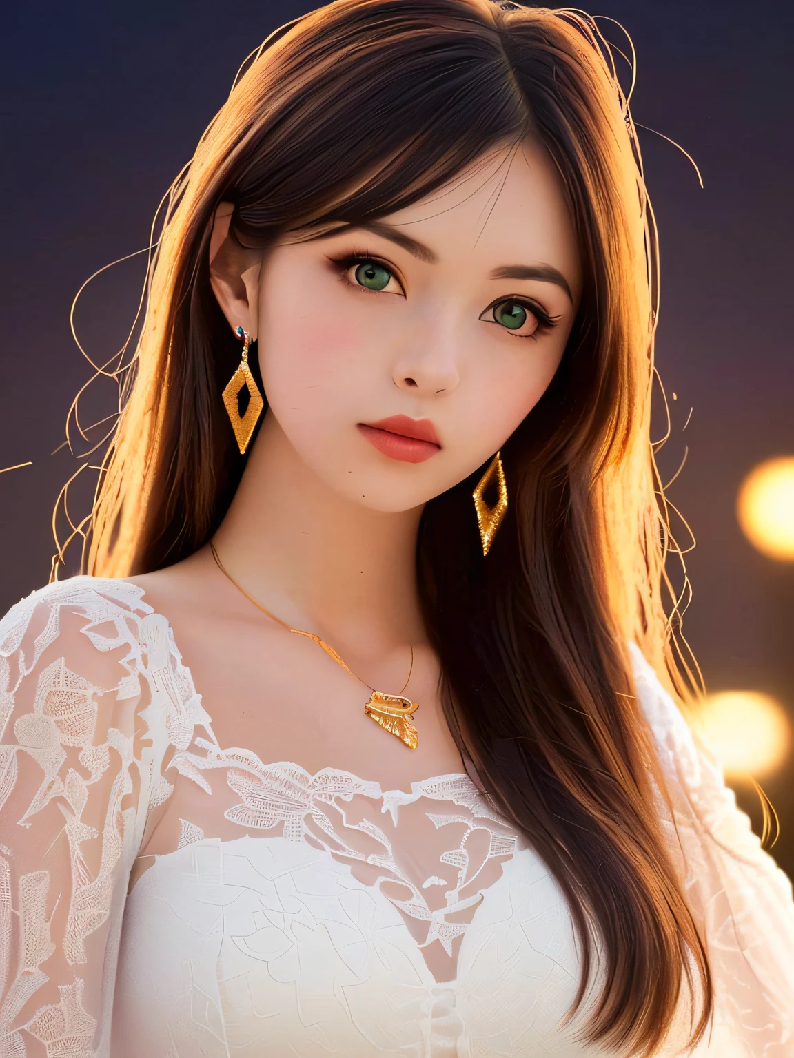 Random posture, (A beautiful work), (masterpiece), 1girl, a girl in formal dress, highly detailed, contorted ponytail, charming expression, beautiful and green eyes, orange pupil, delicate necklace, delicate golden earrings, human ears, nature night background, description of extreme details, beautiful, charming, ultrafine painting, delicate face, delicate figure, thin collarbones, beautiful lips, normal breasts, mix4,(8k, RAW photo, best quality, masterpiece: 1.2), (realistic, photorealistic: 1.37),1girl,cute,landscape nature, night, rain, wet, professional lighting, photon mapping, radiosity, physically-based rendering,