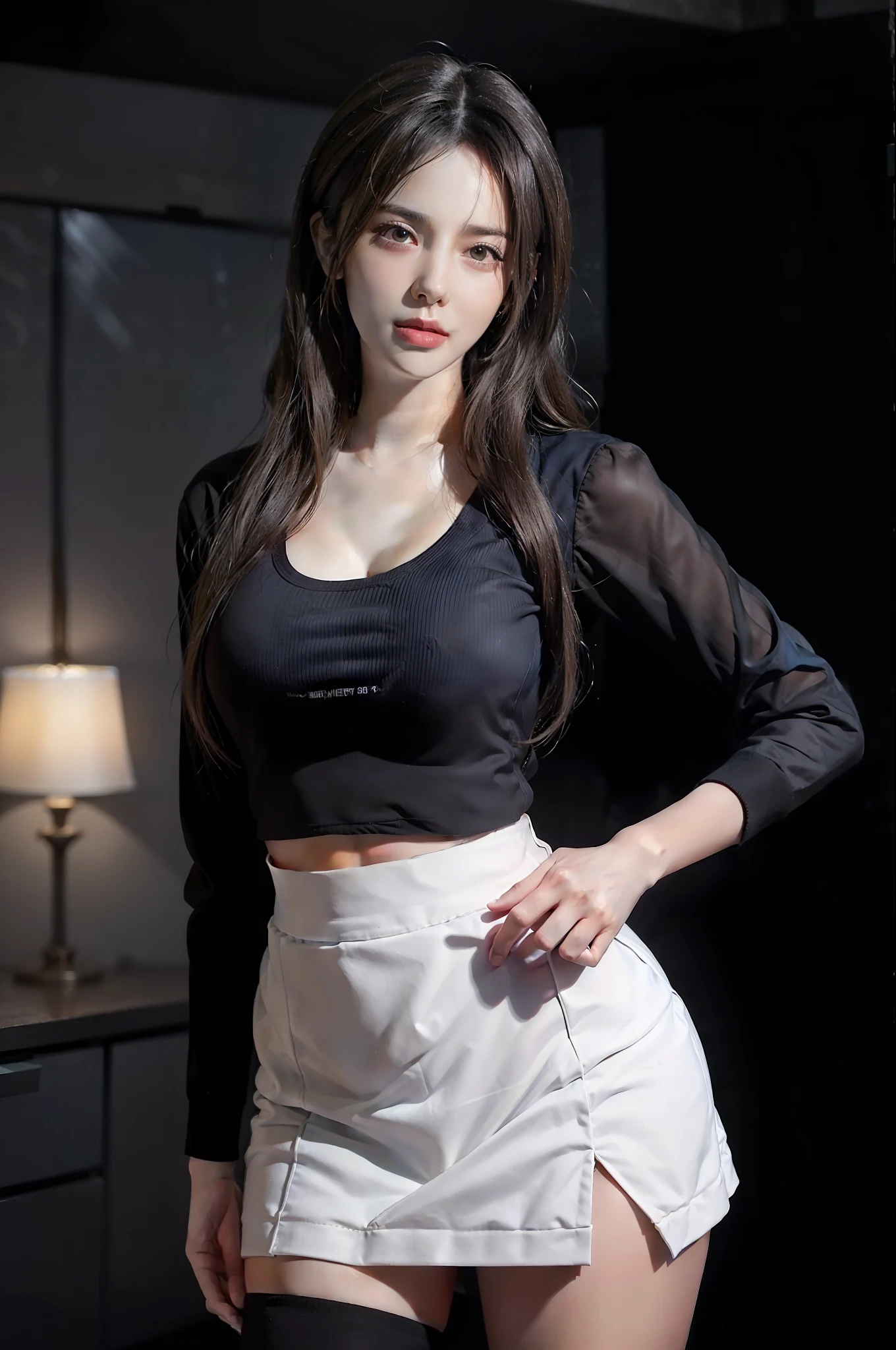 fantasy art, dynamic lighting, 1.1) , poster, volumetric lighting, colorful sexy top with very detailed faces, 4k, award-winning, 1 girl, under the lights, fat buttocks, low profile, hip skirt photos, (official: 1.4), long hair, gray hair, ultra hd, 4k, perfect pose,