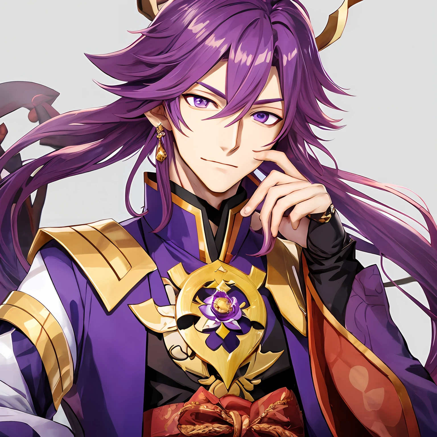 A close-up of a man with purple hair and a purple jacket, handsome guy in demon killer art, prince, Genshin Impact Nakayo, Genshin Impact Katsei, Handsome Prince, Casimir Art, Kurose Jinyao, fairy hero, exquisite androgynous prince, inspired by the yellow god, Taisho Rome, no things allowed on the cheeks
