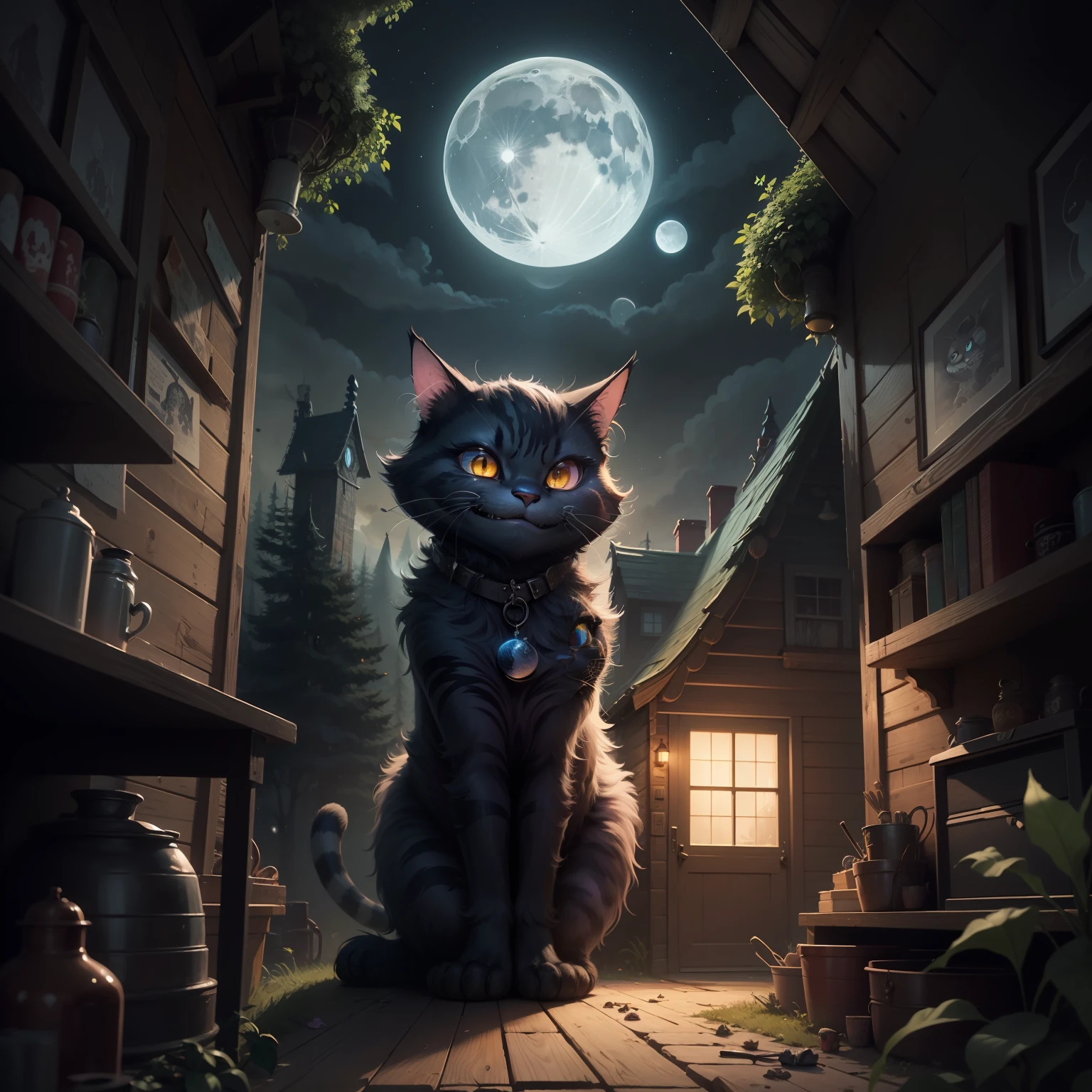 drawing, Cheshire cat, black and evil cat with a sinister smile in a sinister and abandoned cabin,  character, villain, night, moon, fantasy, flowers, vegetation, trees magical environment, cartoon, disney wall drawing, high definition, ultra detailed, sharp,